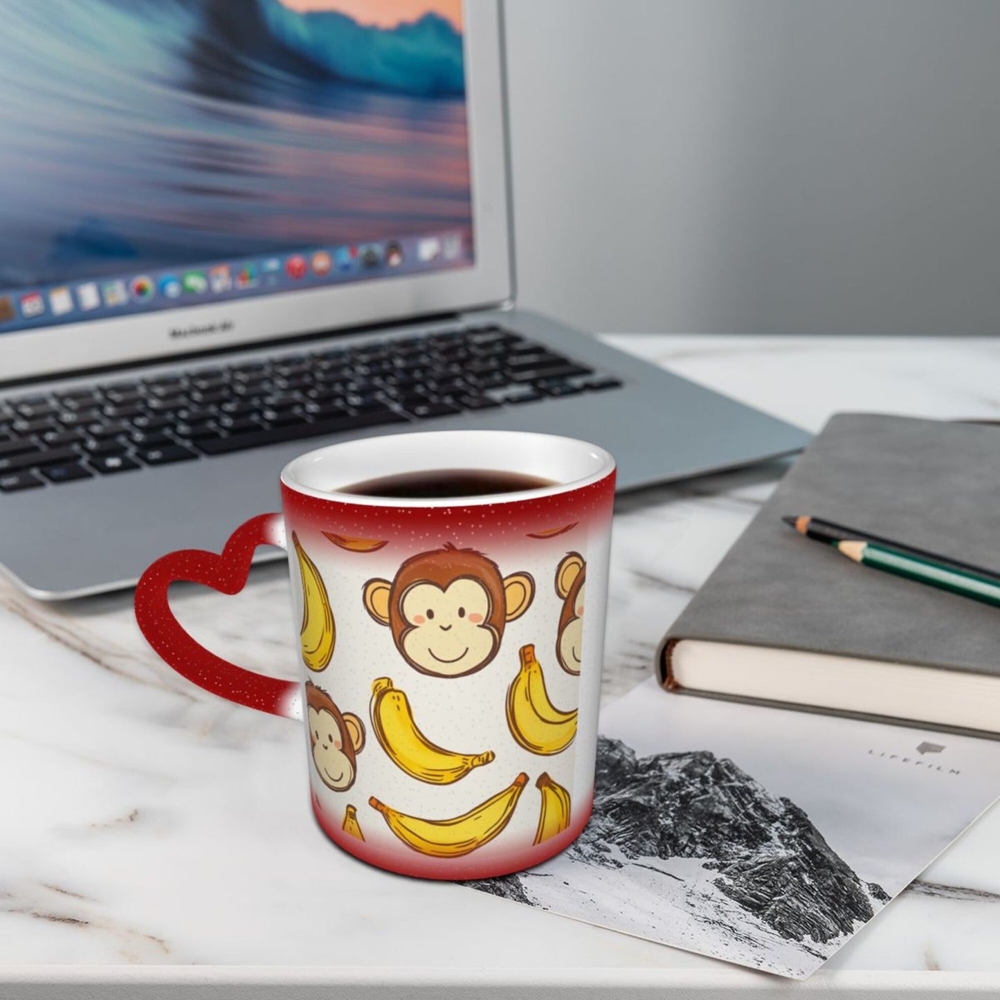 Monkey and Banana Color Changing Mug – Red Heart Handle Ceramic Cup with Heat-Sensitive Ink