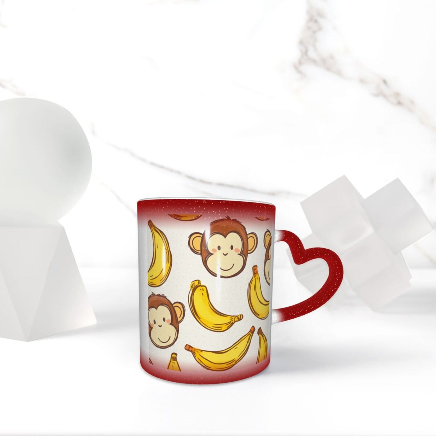 Monkey and Banana Color Changing Mug – Red Heart Handle Ceramic Cup with Heat-Sensitive Ink