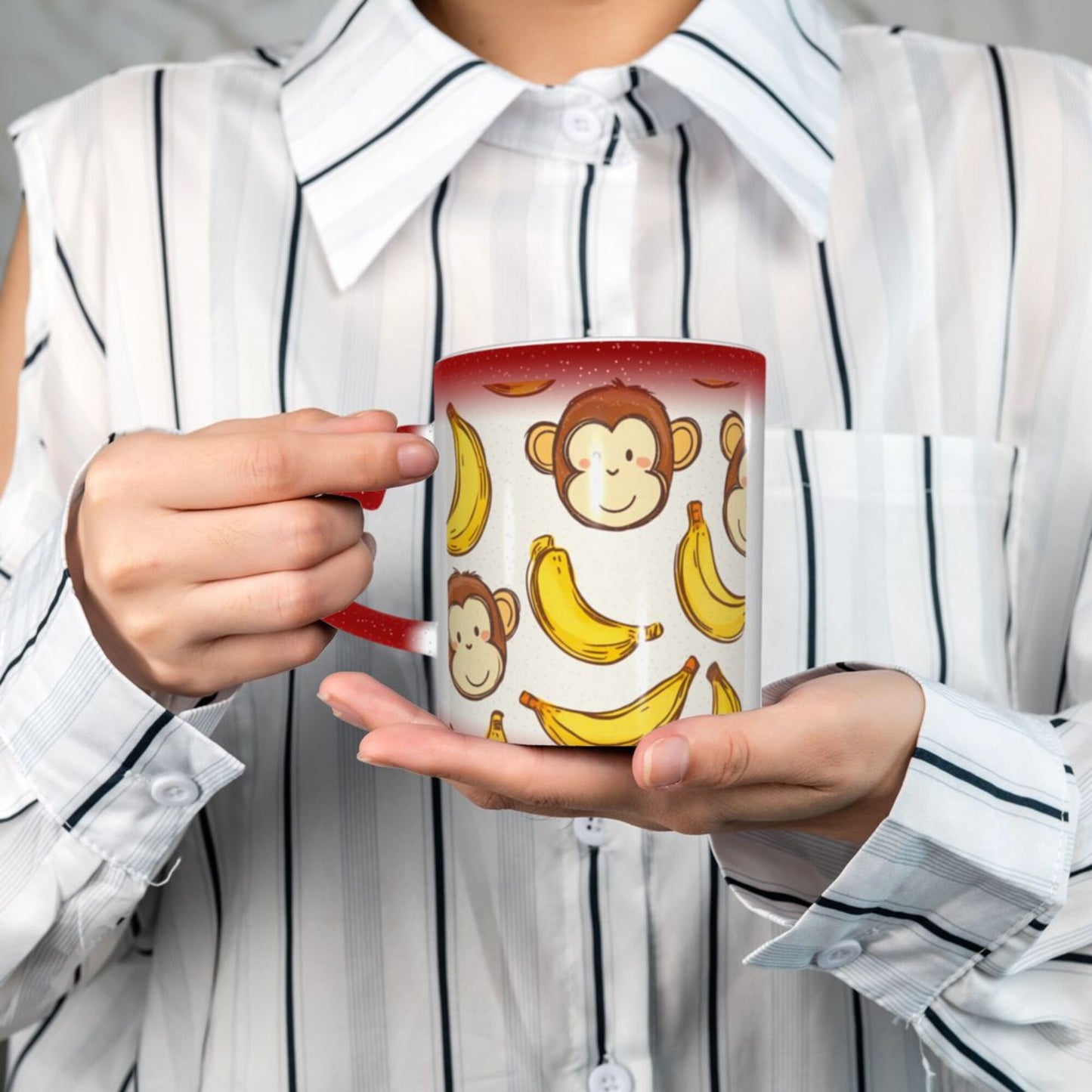 Monkey and Banana Color Changing Mug – Red Heart Handle Ceramic Cup with Heat-Sensitive Ink