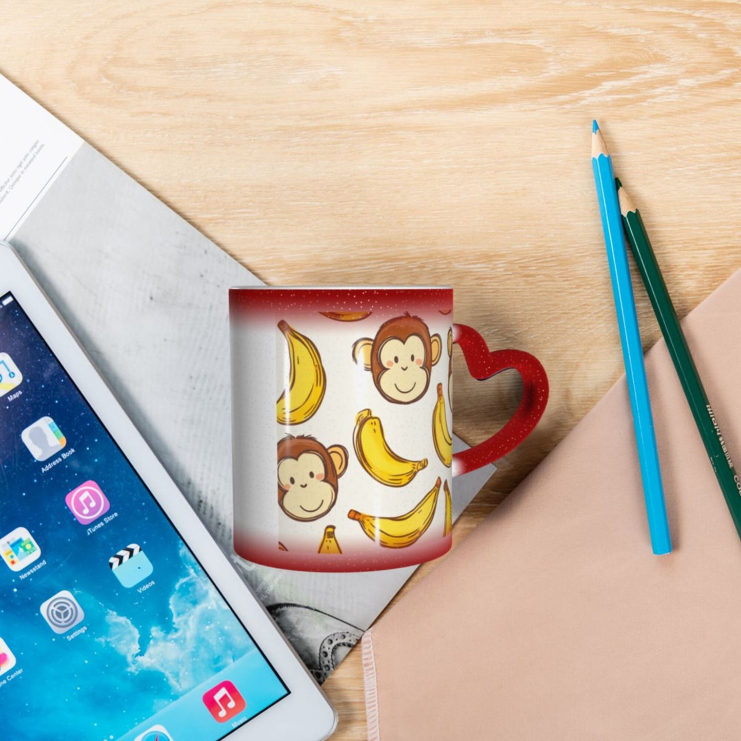 Monkey and Banana Color Changing Mug – Red Heart Handle Ceramic Cup with Heat-Sensitive Ink