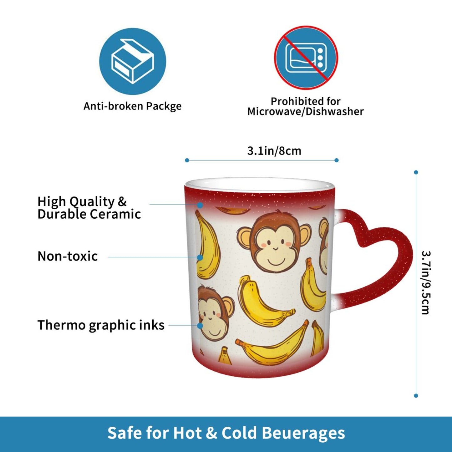 Monkey and Banana Color Changing Mug – Red Heart Handle Ceramic Cup with Heat-Sensitive Ink