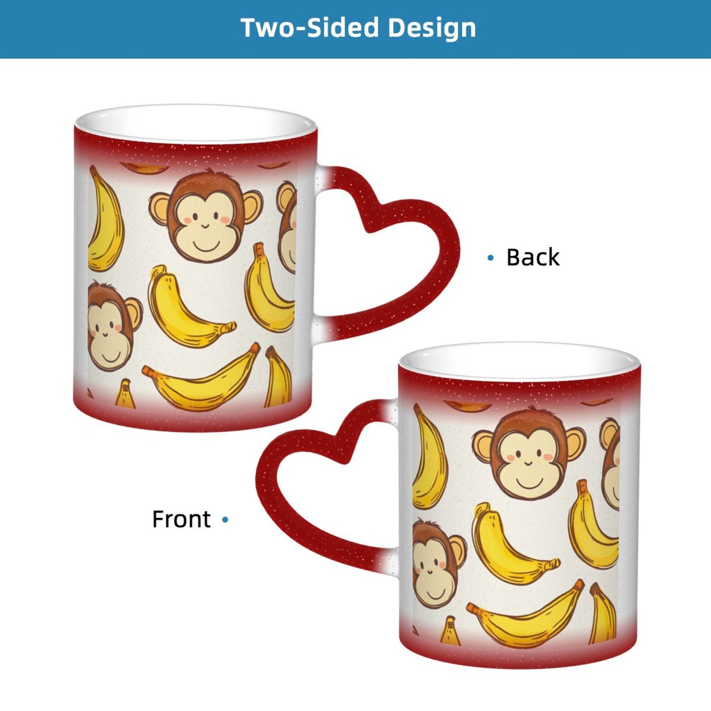 Monkey and Banana Color Changing Mug – Red Heart Handle Ceramic Cup with Heat-Sensitive Ink