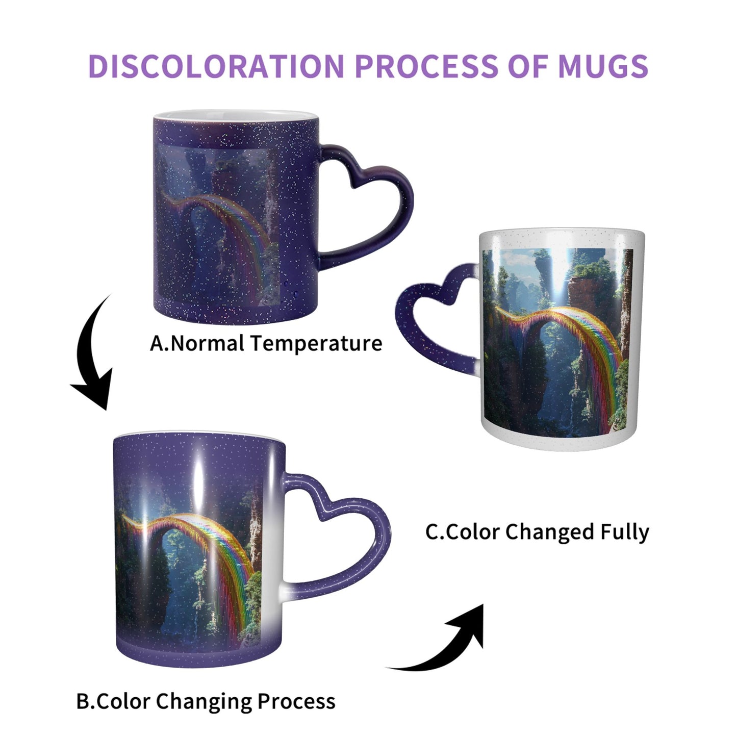 Rainbow Bridge Color Changing Mug – Heart Handle Ceramic Cup with Heat Sensitive Ink
