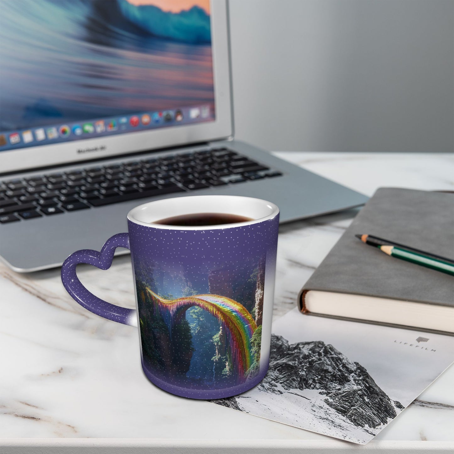 Rainbow Bridge Color Changing Mug – Heart Handle Ceramic Cup with Heat Sensitive Ink