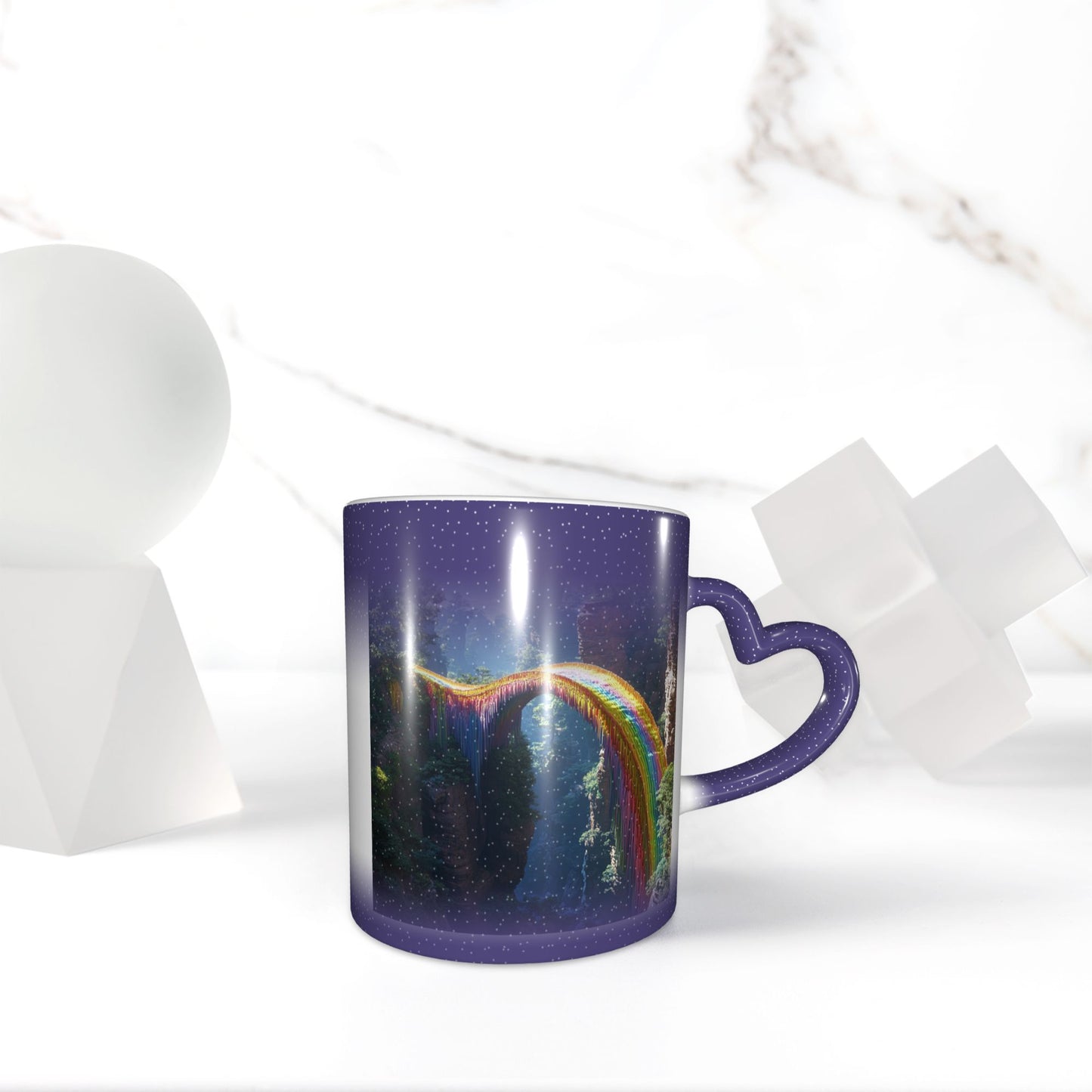 Rainbow Bridge Color Changing Mug – Heart Handle Ceramic Cup with Heat Sensitive Ink