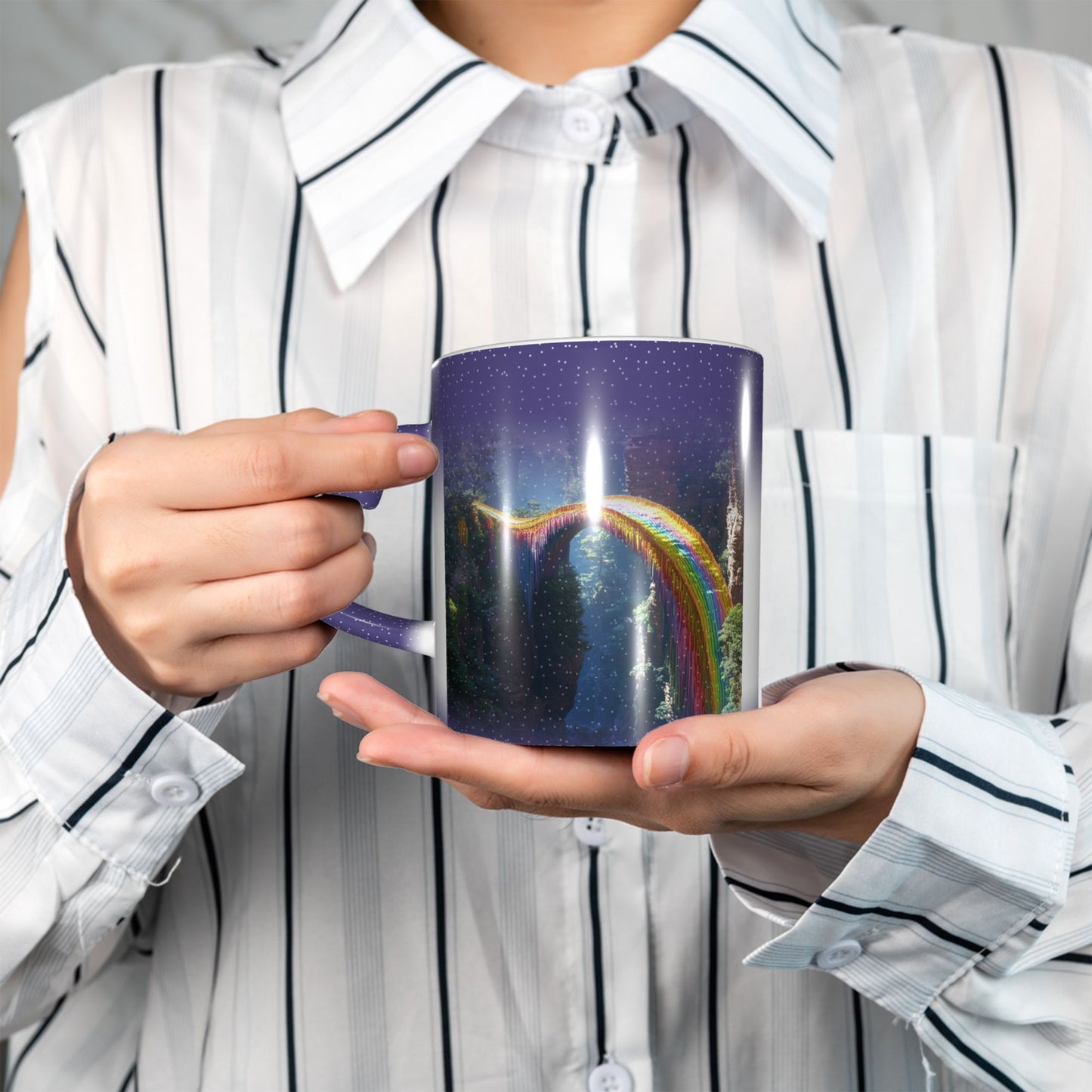 Rainbow Bridge Color Changing Mug – Heart Handle Ceramic Cup with Heat Sensitive Ink