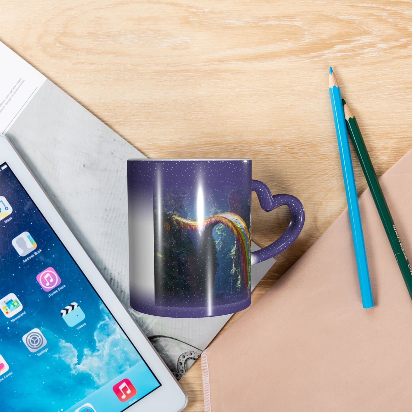 Rainbow Bridge Color Changing Mug – Heart Handle Ceramic Cup with Heat Sensitive Ink