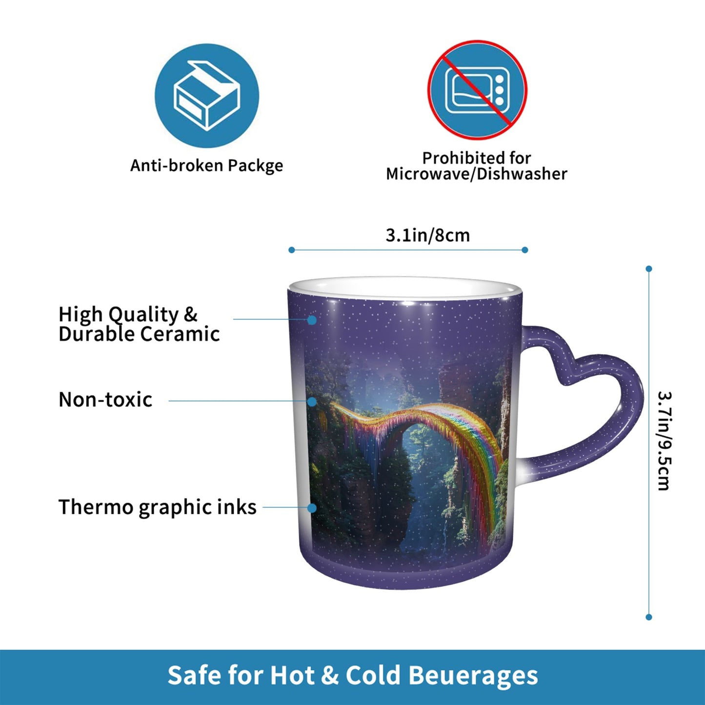 Rainbow Bridge Color Changing Mug – Heart Handle Ceramic Cup with Heat Sensitive Ink