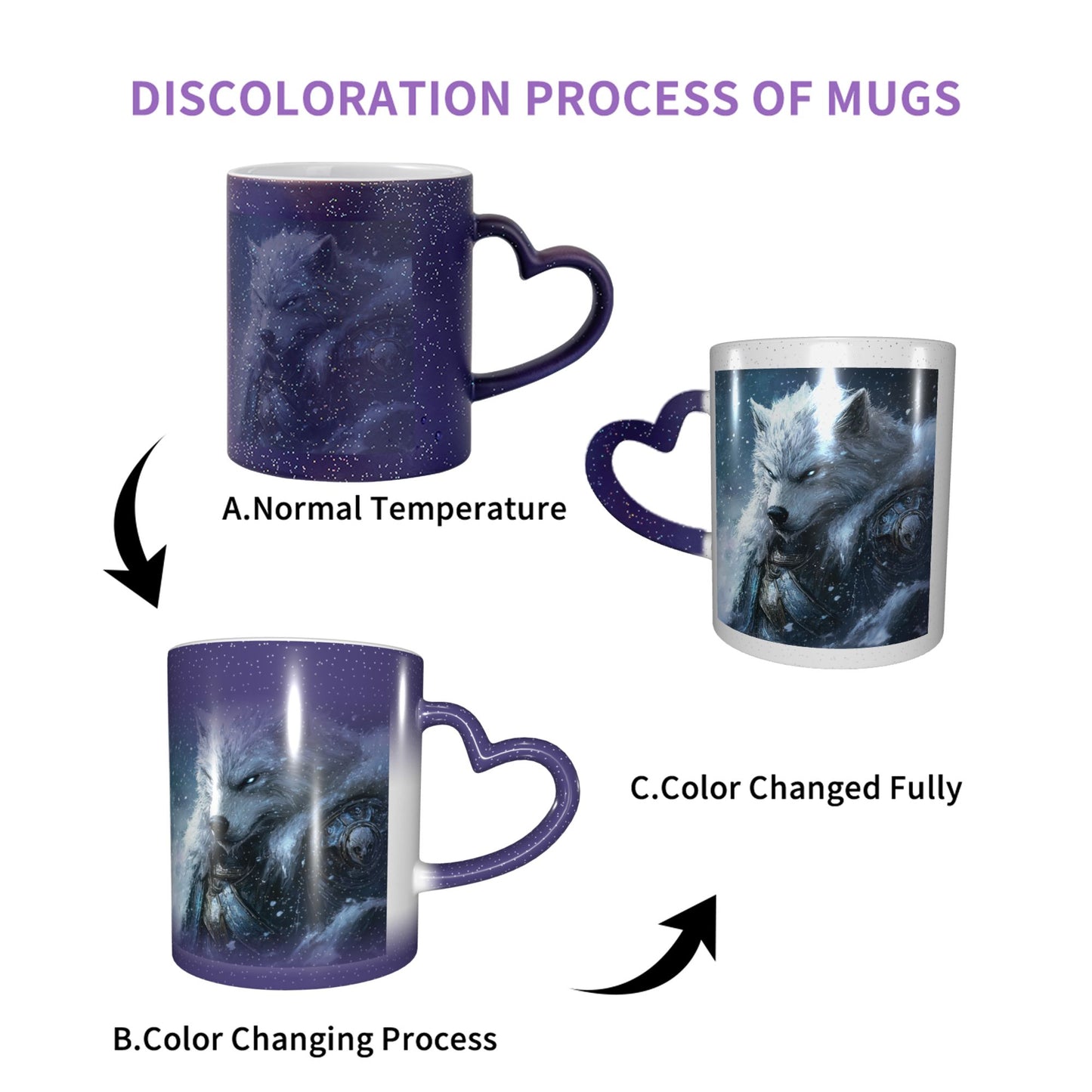 White Wolf Color Changing Ceramic Mug – Heart Handle Fantasy Heat Sensitive Cup