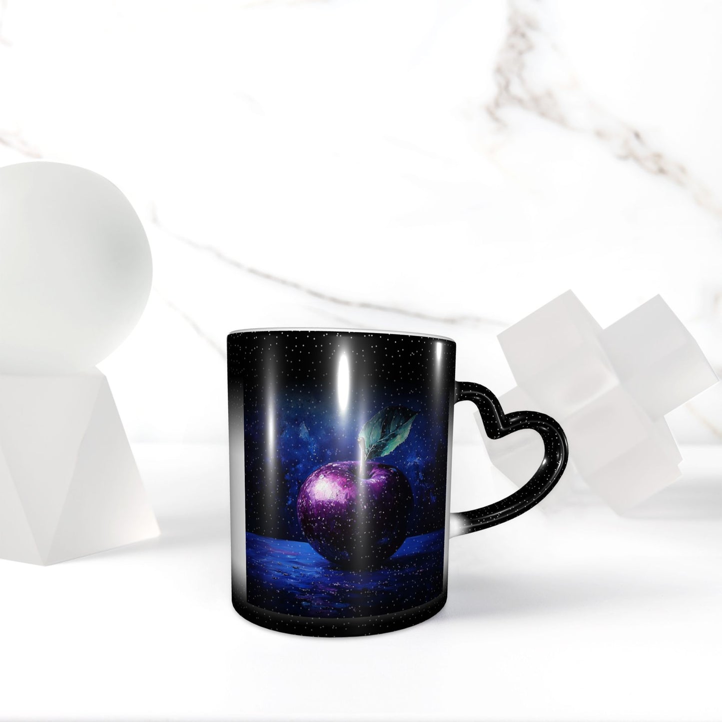 Purple Galaxy Apple Color Changing Mug – Heart Handle Heat Sensitive Ceramic Cup