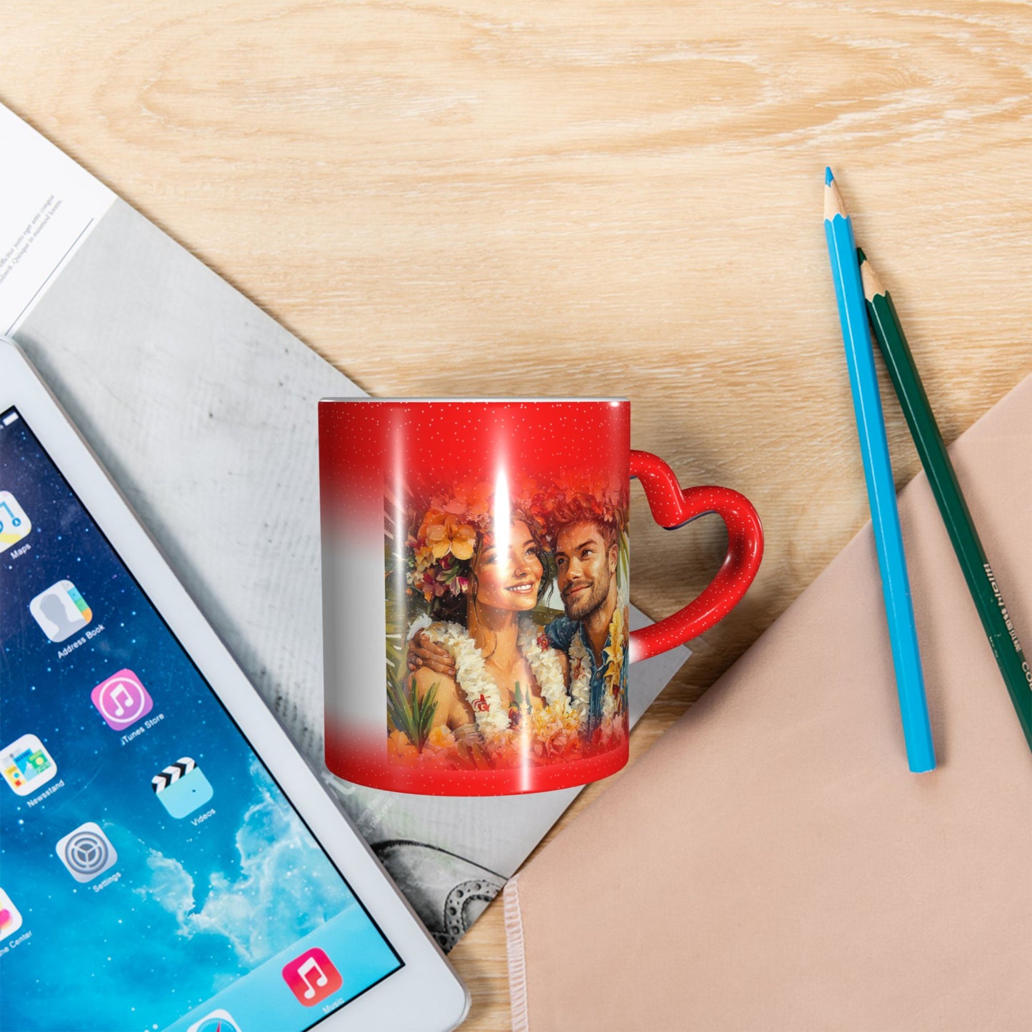 Romantic Couple Color Changing Mug – Red Heart Handle Ceramic Cup with Heat Sensitive Ink