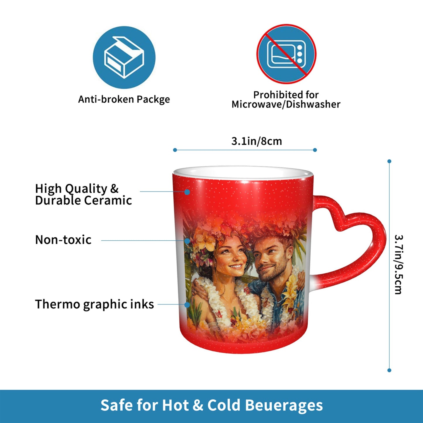 Romantic Couple Color Changing Mug – Red Heart Handle Ceramic Cup with Heat Sensitive Ink