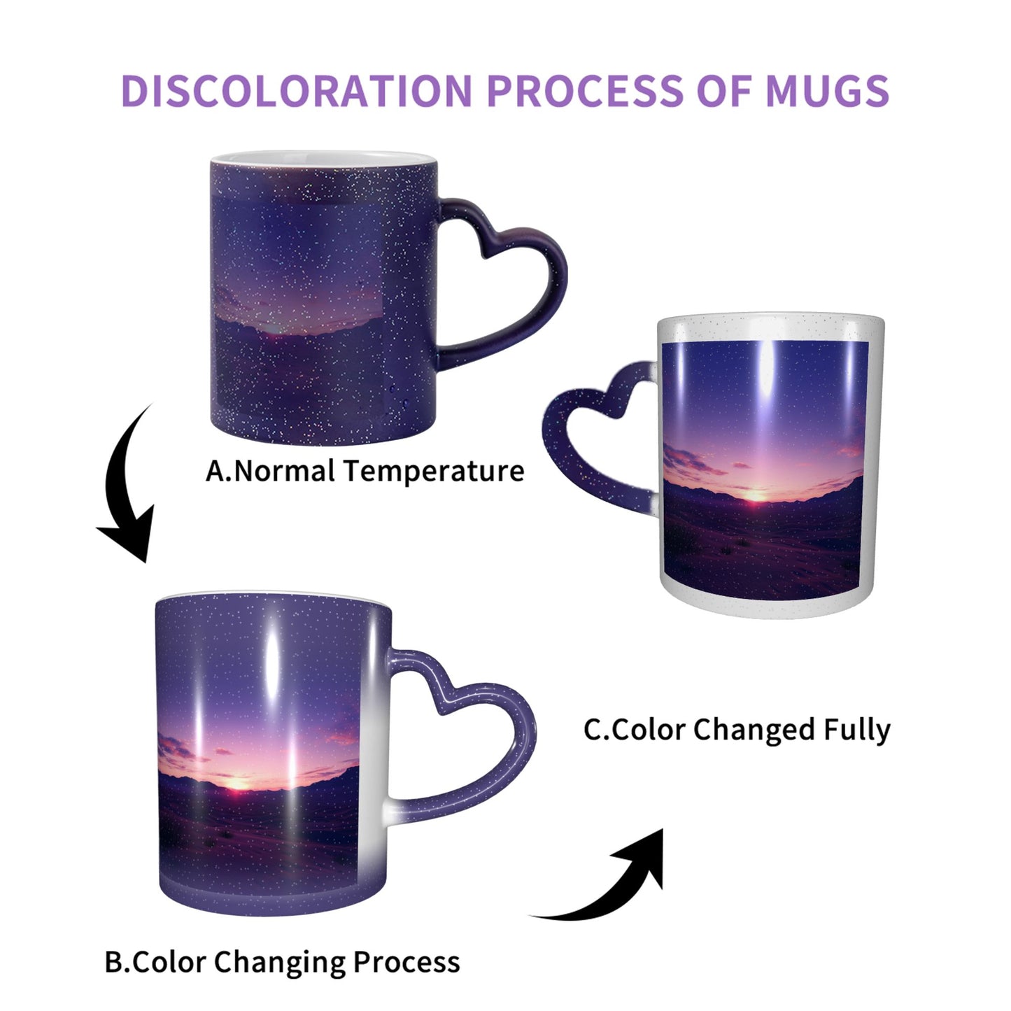 Sunset Landscape Color Changing Mug – Purple Heart Handle Ceramic Cup with Heat Sensitive Ink