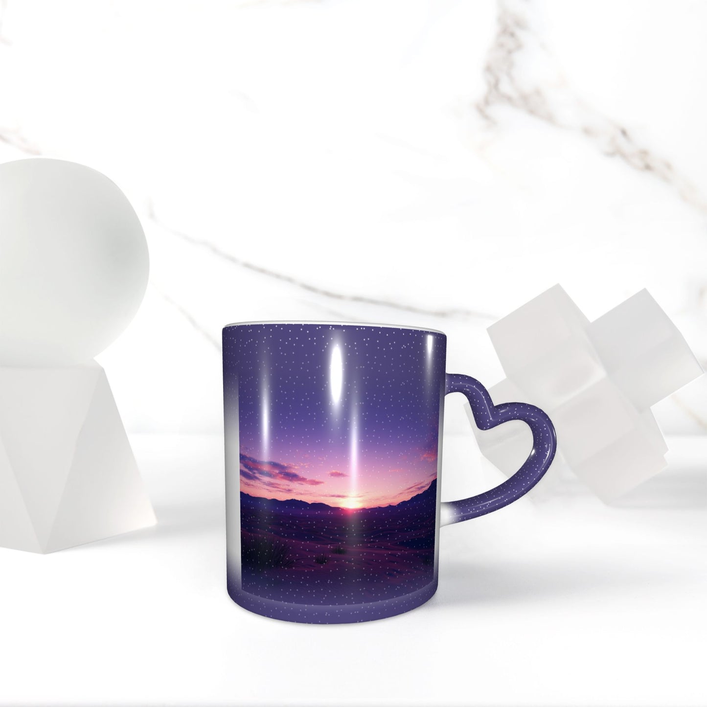 Sunset Landscape Color Changing Mug – Purple Heart Handle Ceramic Cup with Heat Sensitive Ink