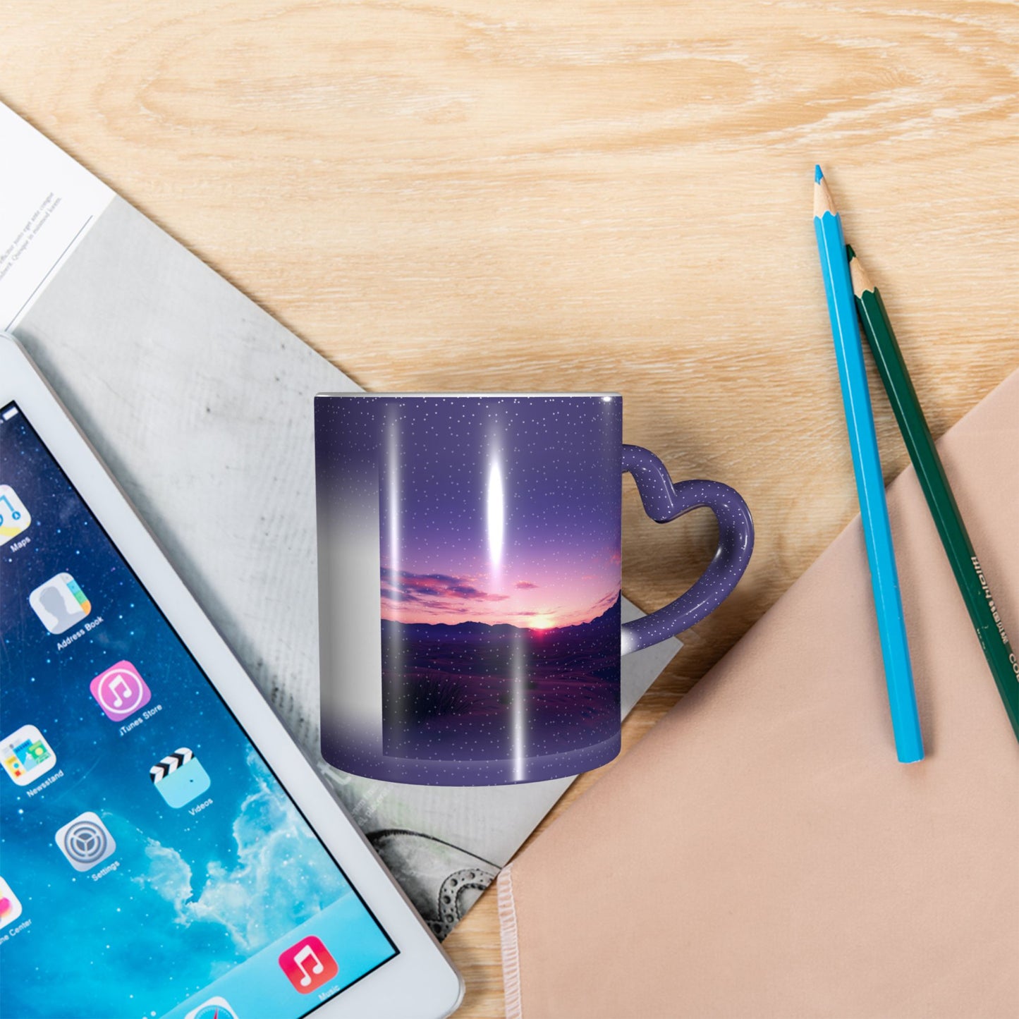Sunset Landscape Color Changing Mug – Purple Heart Handle Ceramic Cup with Heat Sensitive Ink