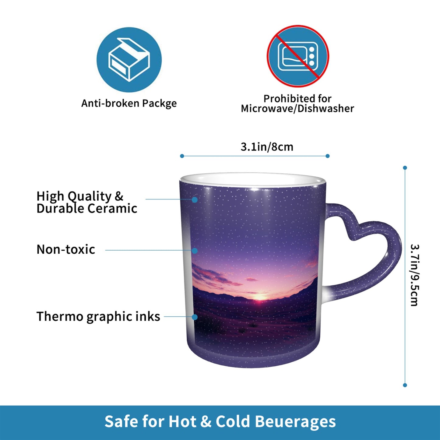 Sunset Landscape Color Changing Mug – Purple Heart Handle Ceramic Cup with Heat Sensitive Ink