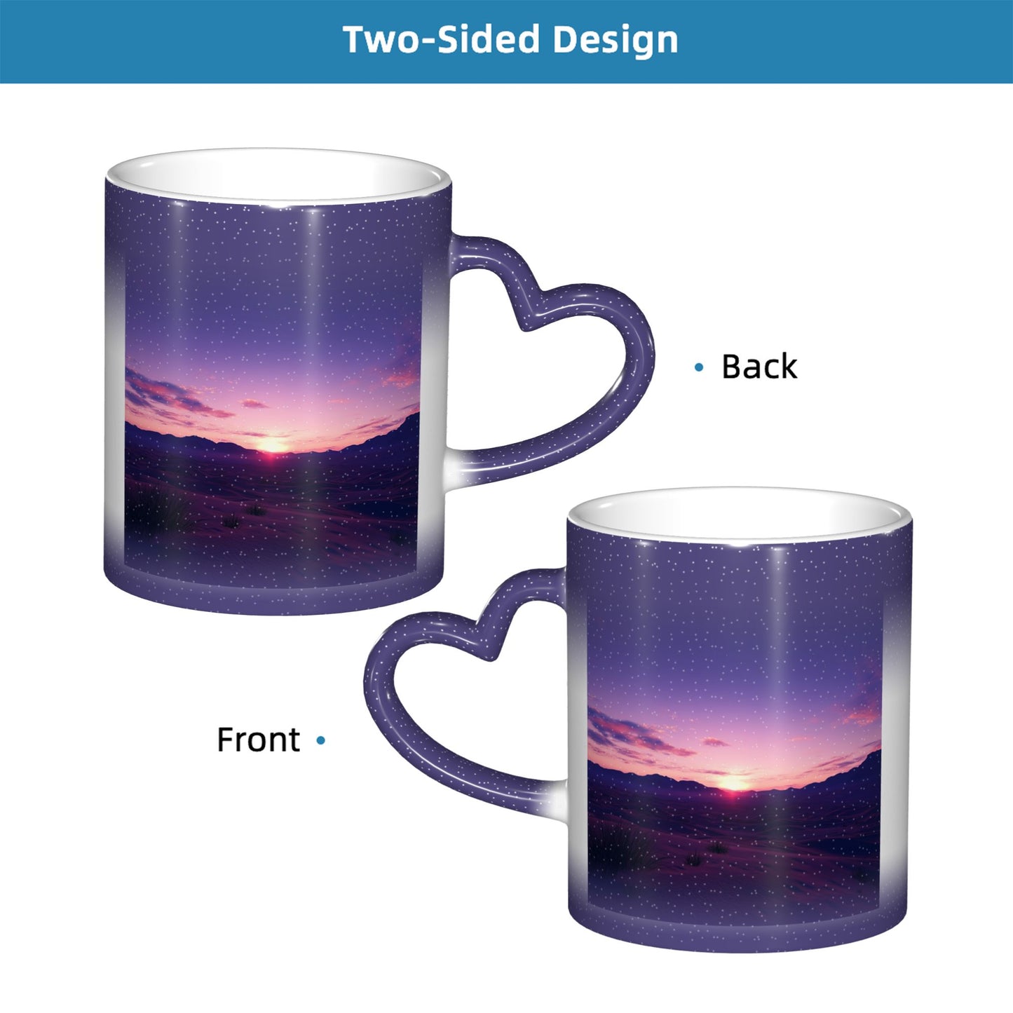 Sunset Landscape Color Changing Mug – Purple Heart Handle Ceramic Cup with Heat Sensitive Ink