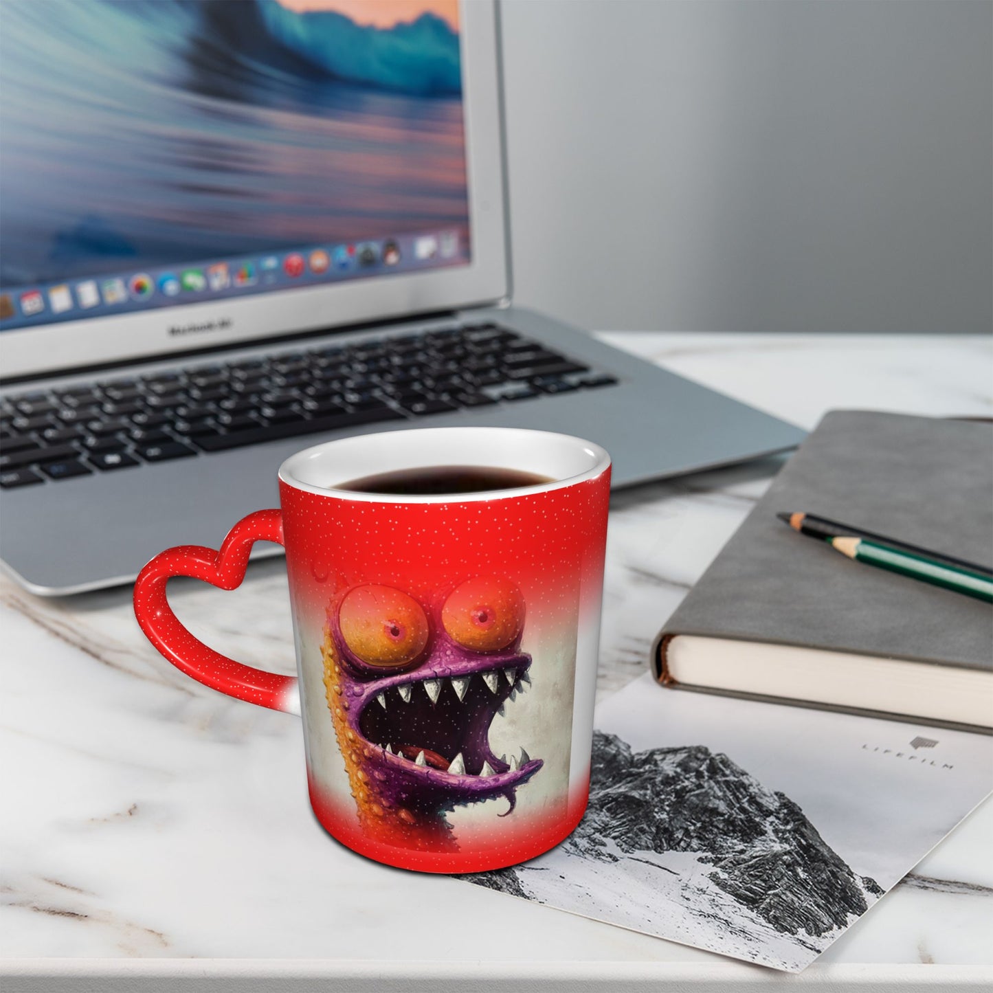 Funny Monster Color Changing Mug – Red Heart Handle Ceramic Cup with Heat Reactive Ink