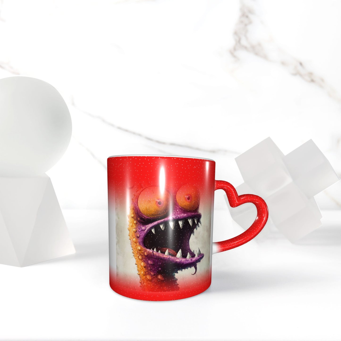 Funny Monster Color Changing Mug – Red Heart Handle Ceramic Cup with Heat Reactive Ink