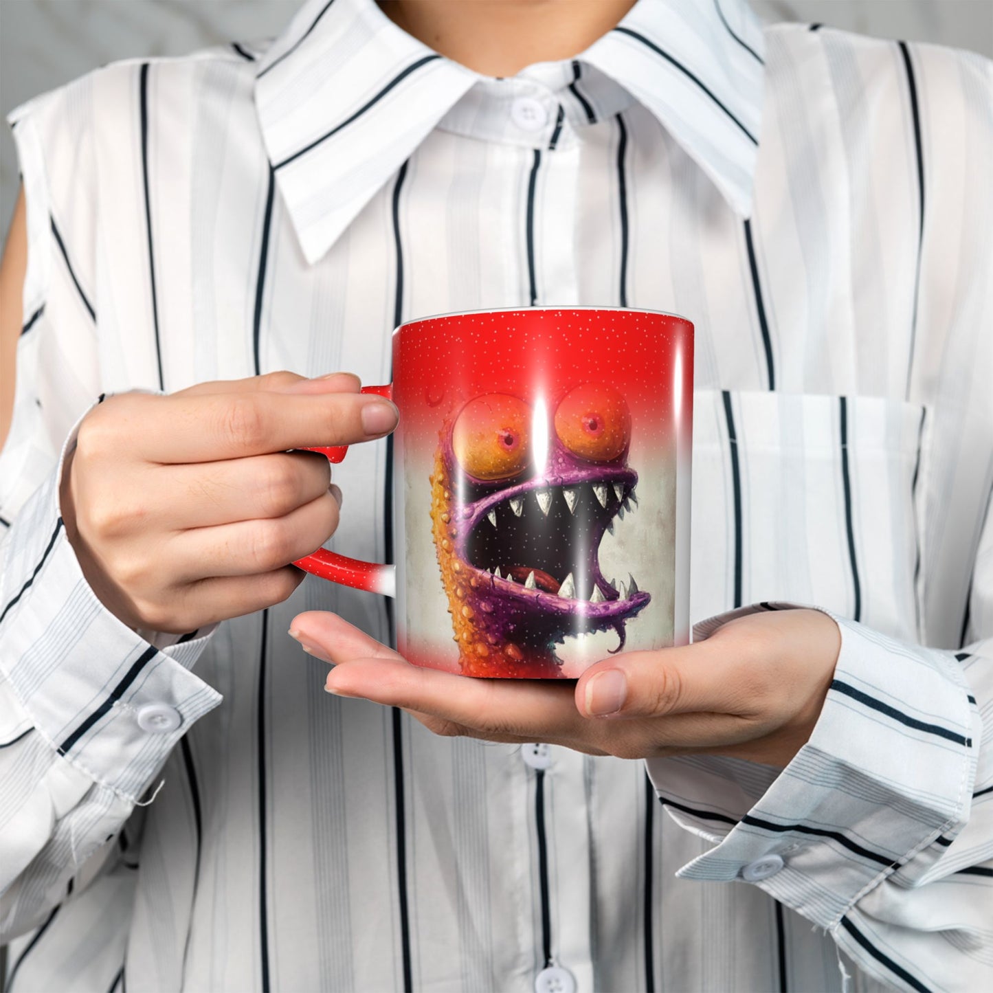 Funny Monster Color Changing Mug – Red Heart Handle Ceramic Cup with Heat Reactive Ink