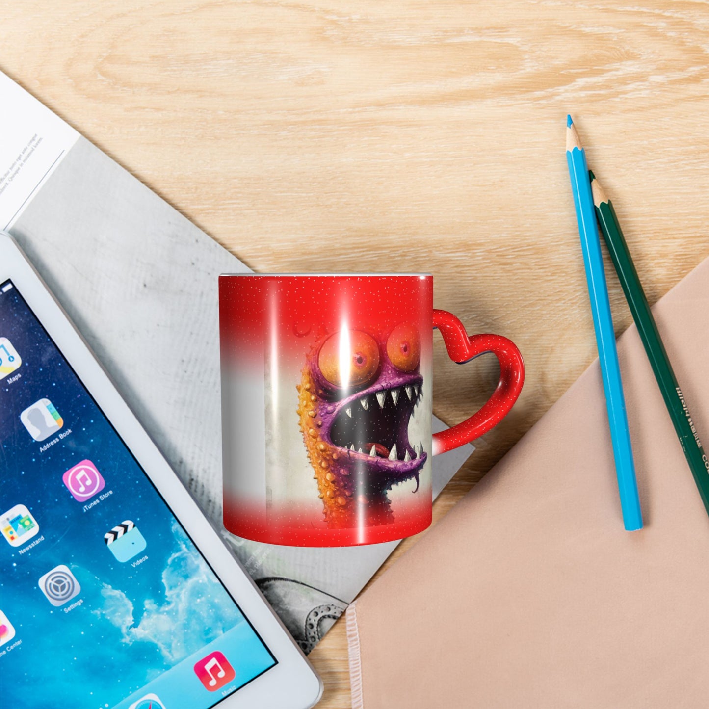 Funny Monster Color Changing Mug – Red Heart Handle Ceramic Cup with Heat Reactive Ink