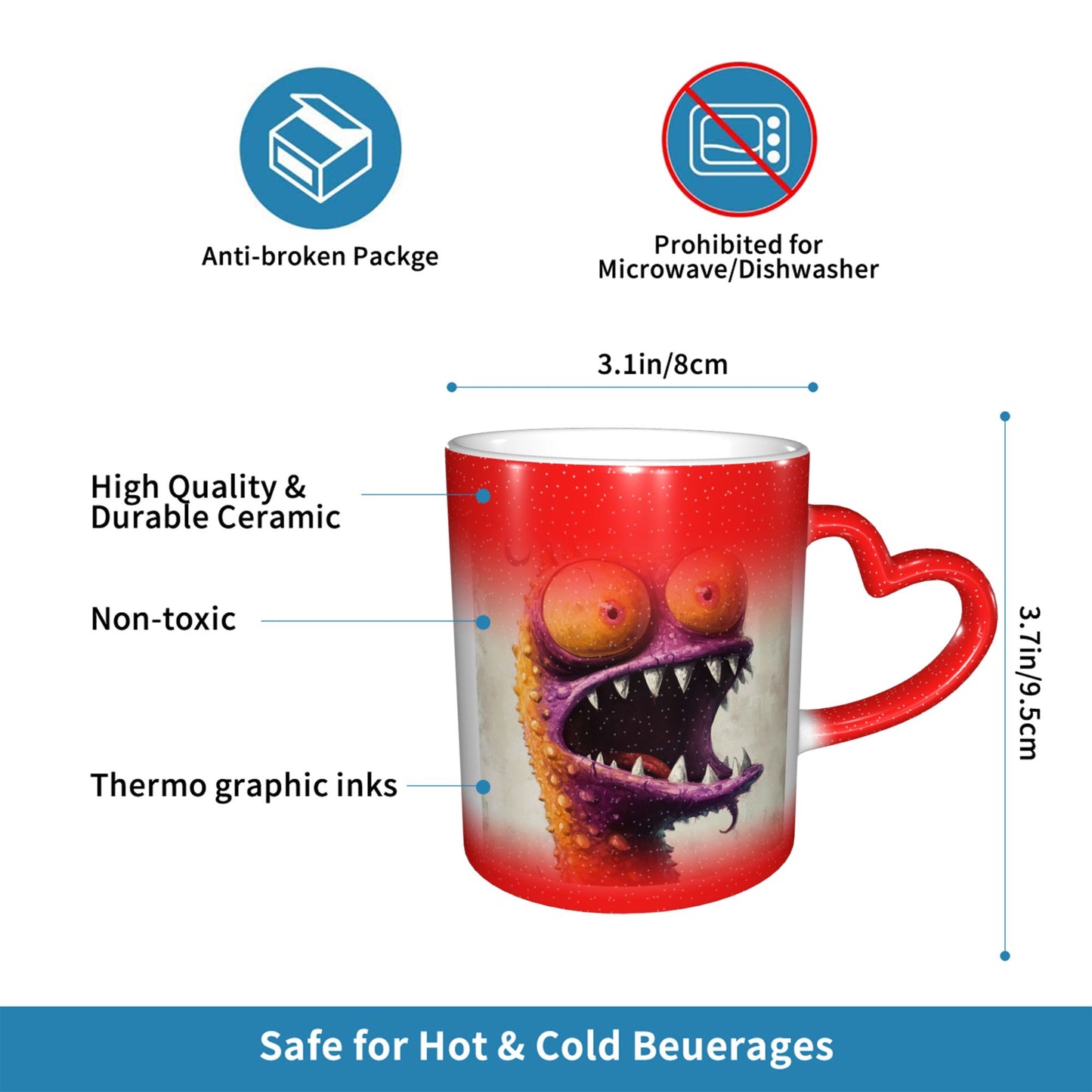Funny Monster Color Changing Mug – Red Heart Handle Ceramic Cup with Heat Reactive Ink