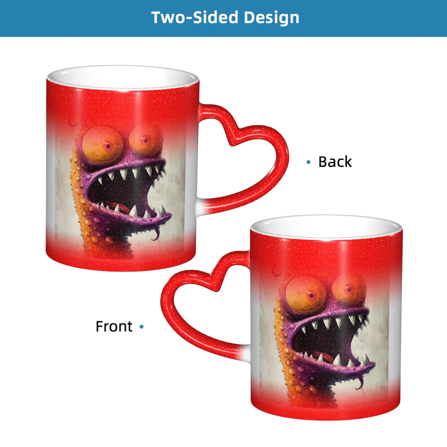 Funny Monster Color Changing Mug – Red Heart Handle Ceramic Cup with Heat Reactive Ink