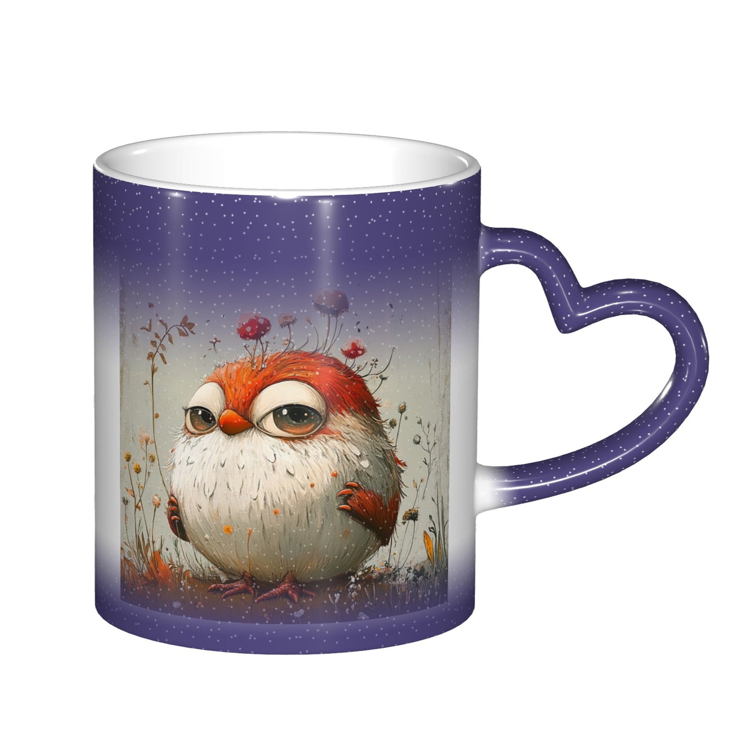 Cute Bird Color Changing Mug – Purple Heart Handle Ceramic Cup with Heat Reactive Ink