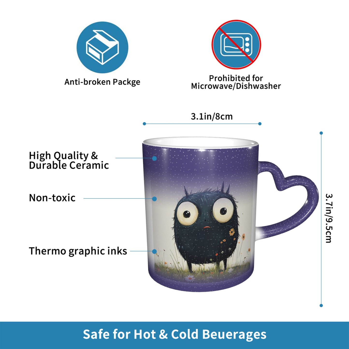 Cute Furry Monster Color Changing Mug – Purple Heart Handle Ceramic Cup with Heat Sensitive Ink