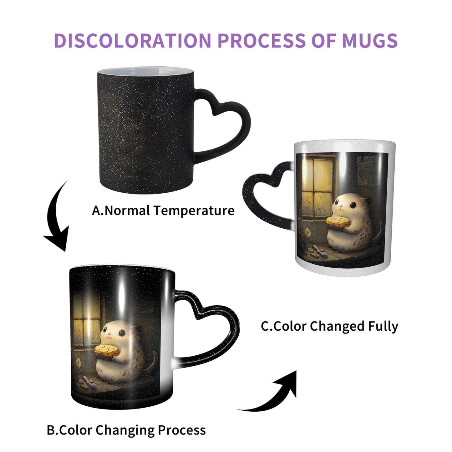 Hamster at Window Color Changing Mug – Black Heart Handle Ceramic Cup with Heat Sensitive Ink