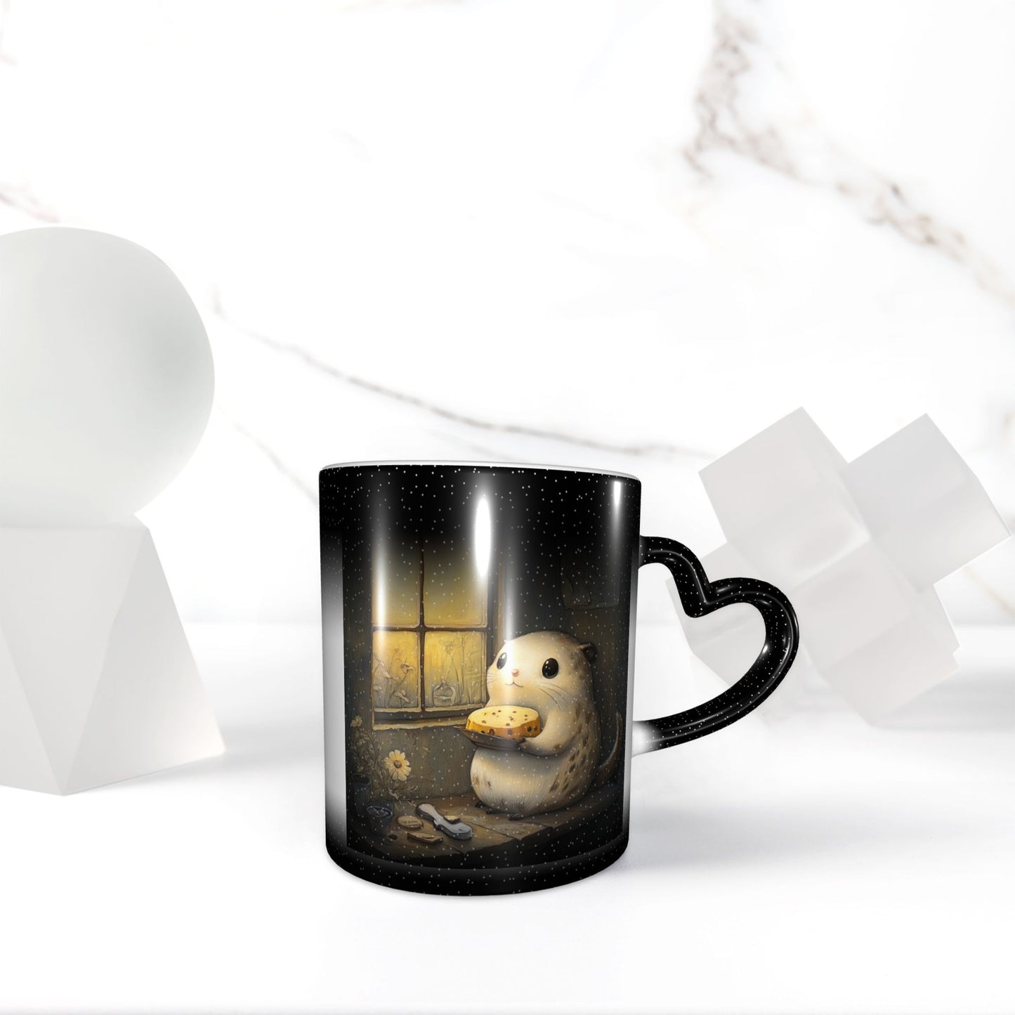 Hamster at Window Color Changing Mug – Black Heart Handle Ceramic Cup with Heat Sensitive Ink