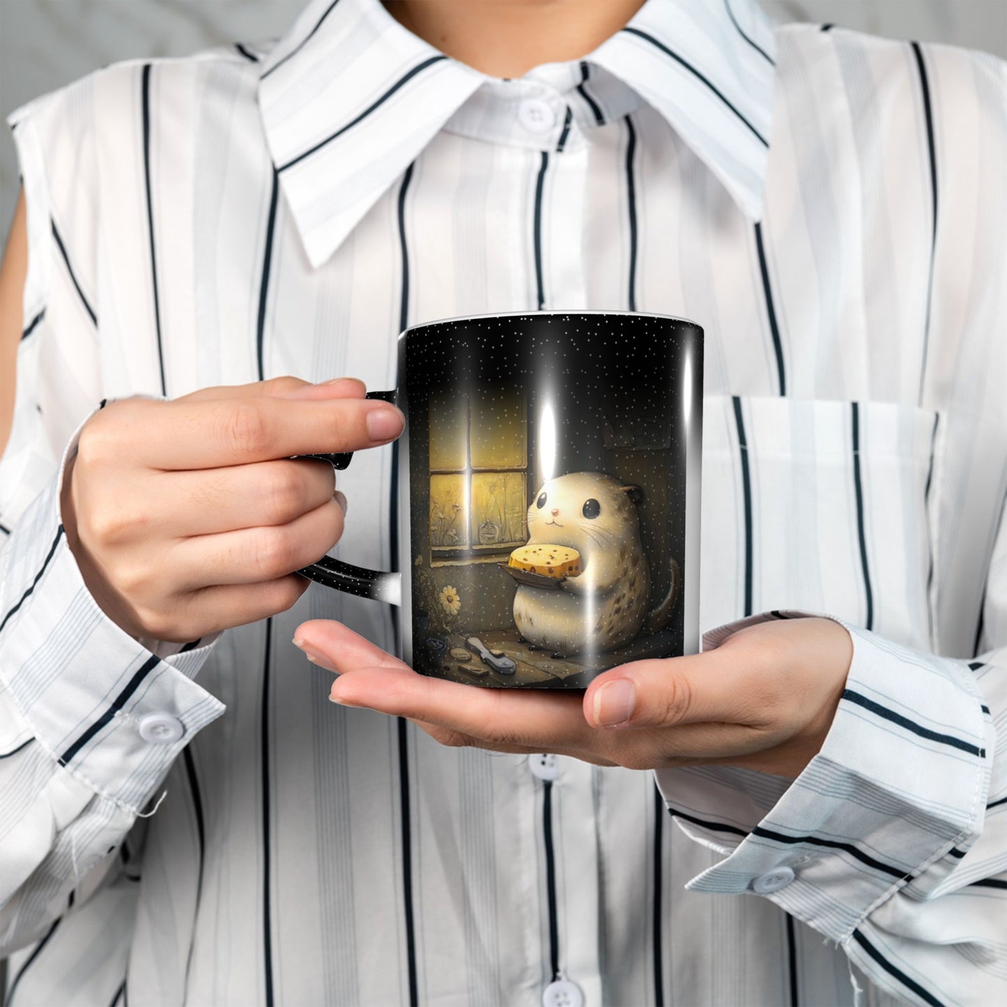 Hamster at Window Color Changing Mug – Black Heart Handle Ceramic Cup with Heat Sensitive Ink