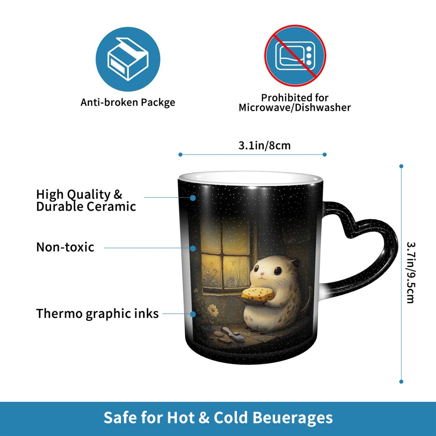 Hamster at Window Color Changing Mug – Black Heart Handle Ceramic Cup with Heat Sensitive Ink