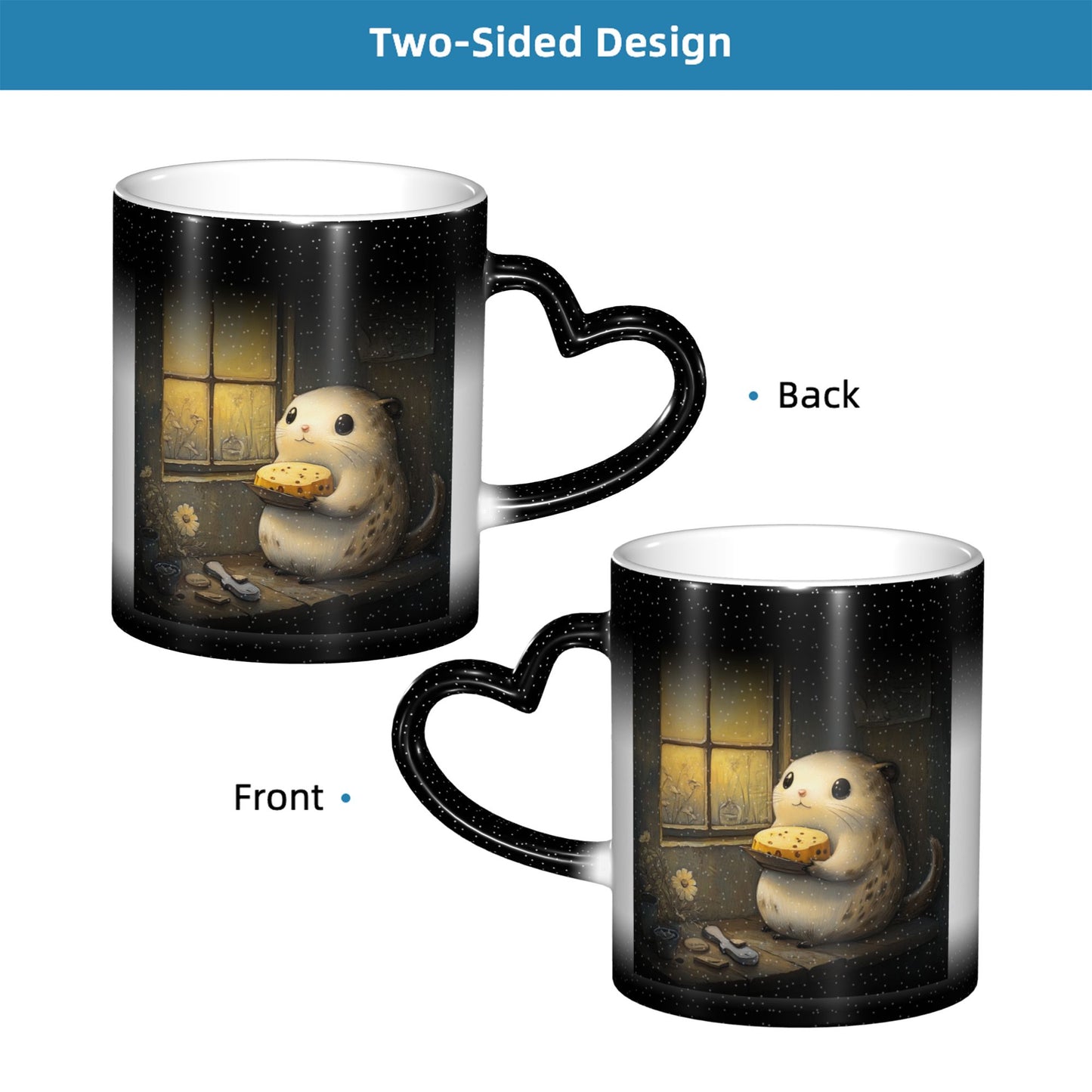Hamster at Window Color Changing Mug – Black Heart Handle Ceramic Cup with Heat Sensitive Ink