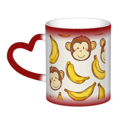 Monkey and Banana Color Changing Mug – Red Heart Handle Ceramic Cup with Heat-Sensitive Ink