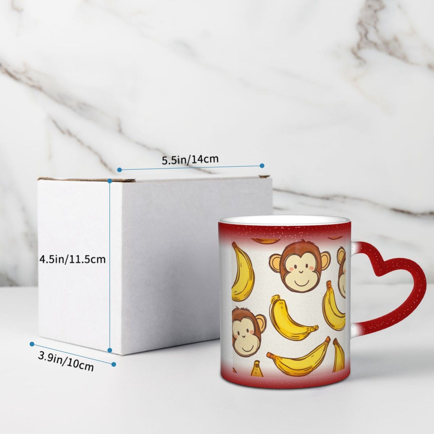 Monkey and Banana Color Changing Mug – Red Heart Handle Ceramic Cup with Heat-Sensitive Ink