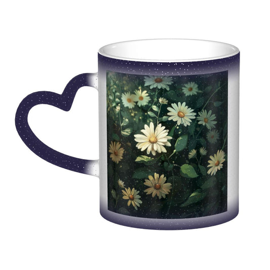 Color Changing Ceramic Mug – Daisy Flower Design with Heart Handle, Heat Sensitive Magic Mug