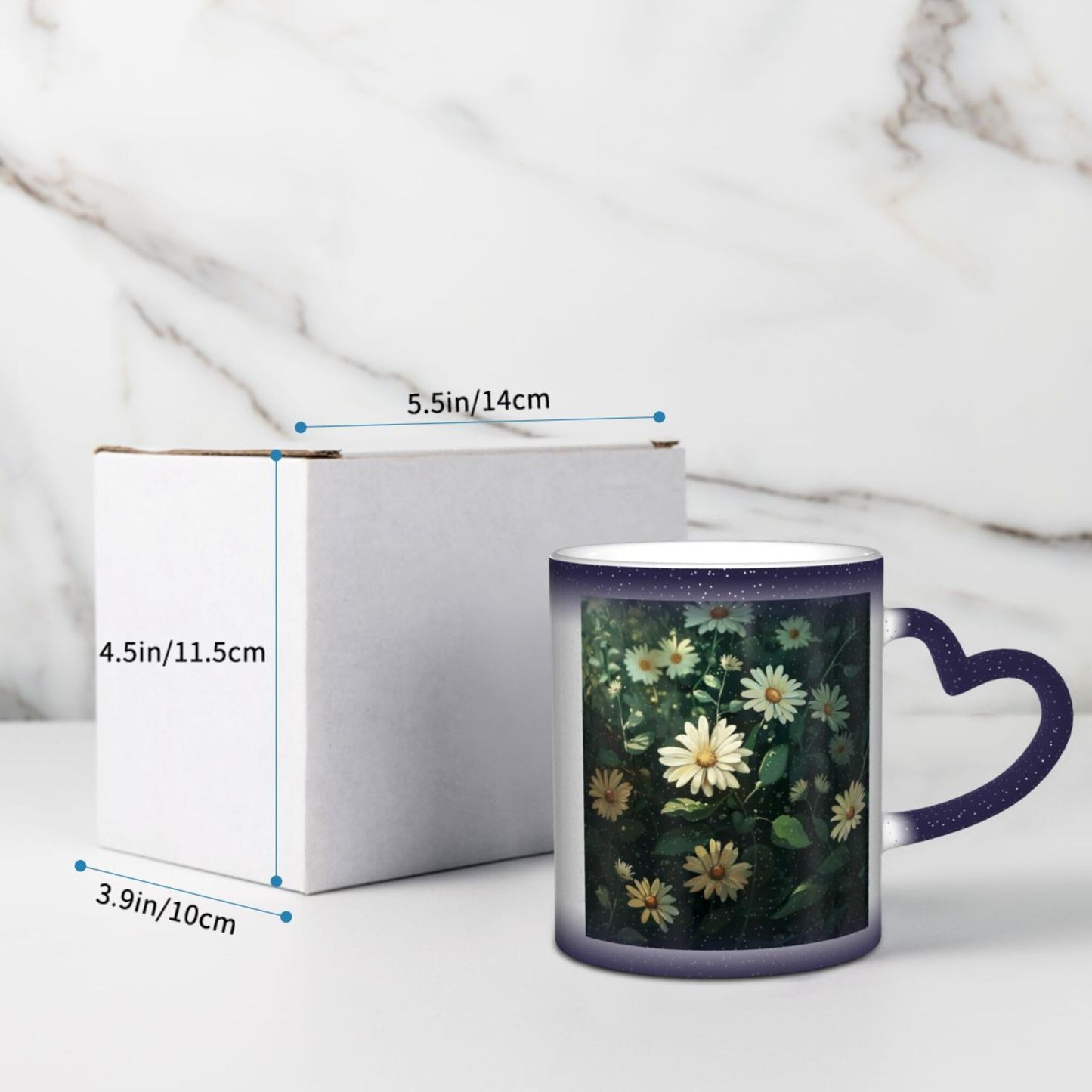 Color Changing Ceramic Mug – Daisy Flower Design with Heart Handle, Heat Sensitive Magic Mug