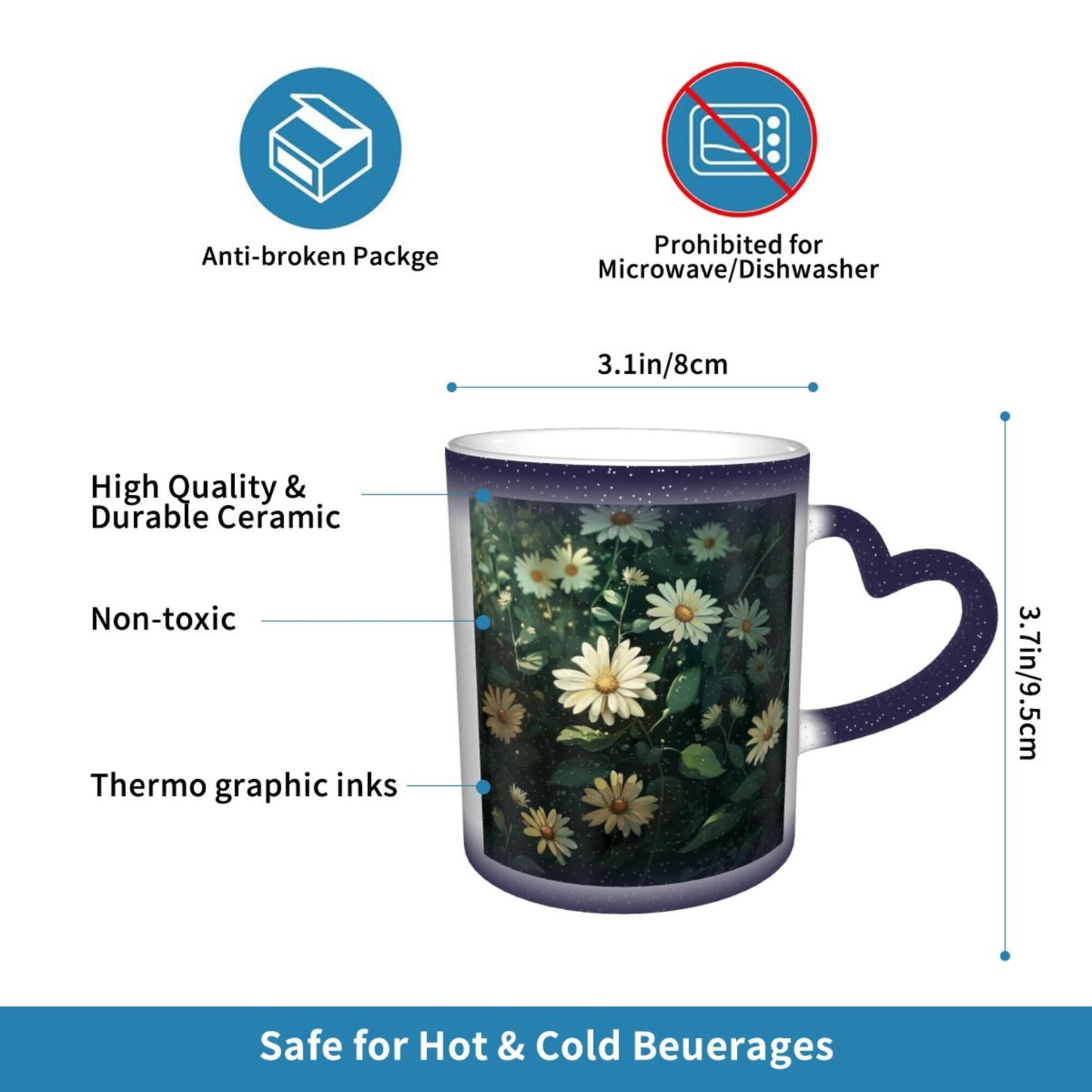 Color Changing Ceramic Mug – Daisy Flower Design with Heart Handle, Heat Sensitive Magic Mug