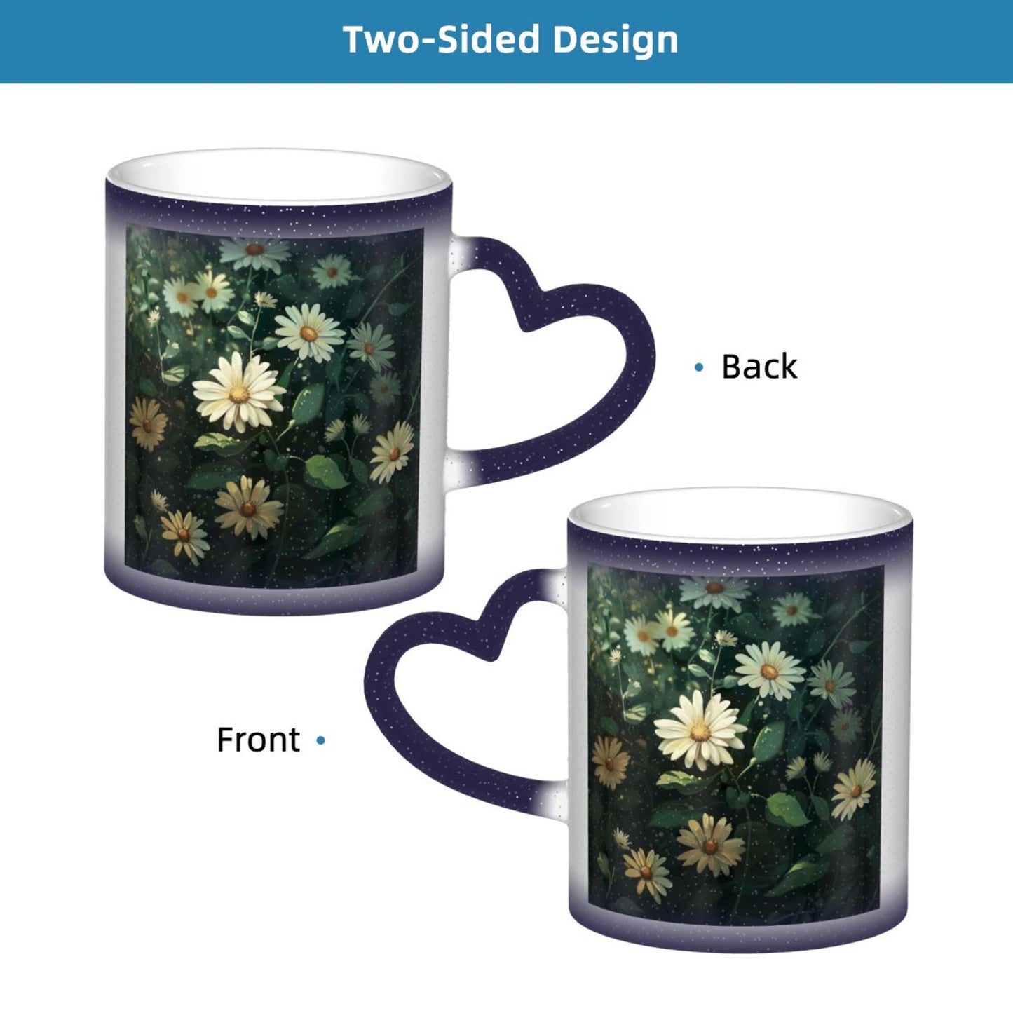 Color Changing Ceramic Mug – Daisy Flower Design with Heart Handle, Heat Sensitive Magic Mug