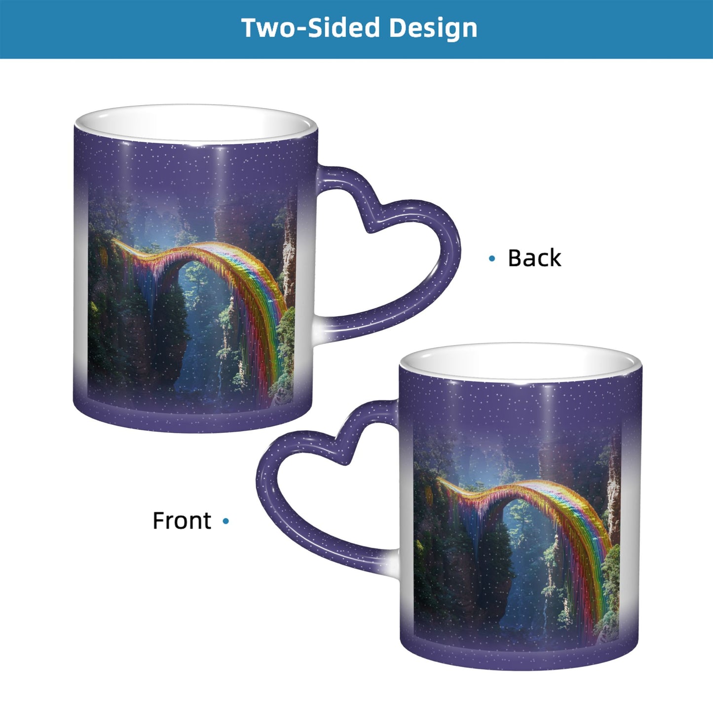 Rainbow Bridge Color Changing Mug – Heart Handle Ceramic Cup with Heat Sensitive Ink