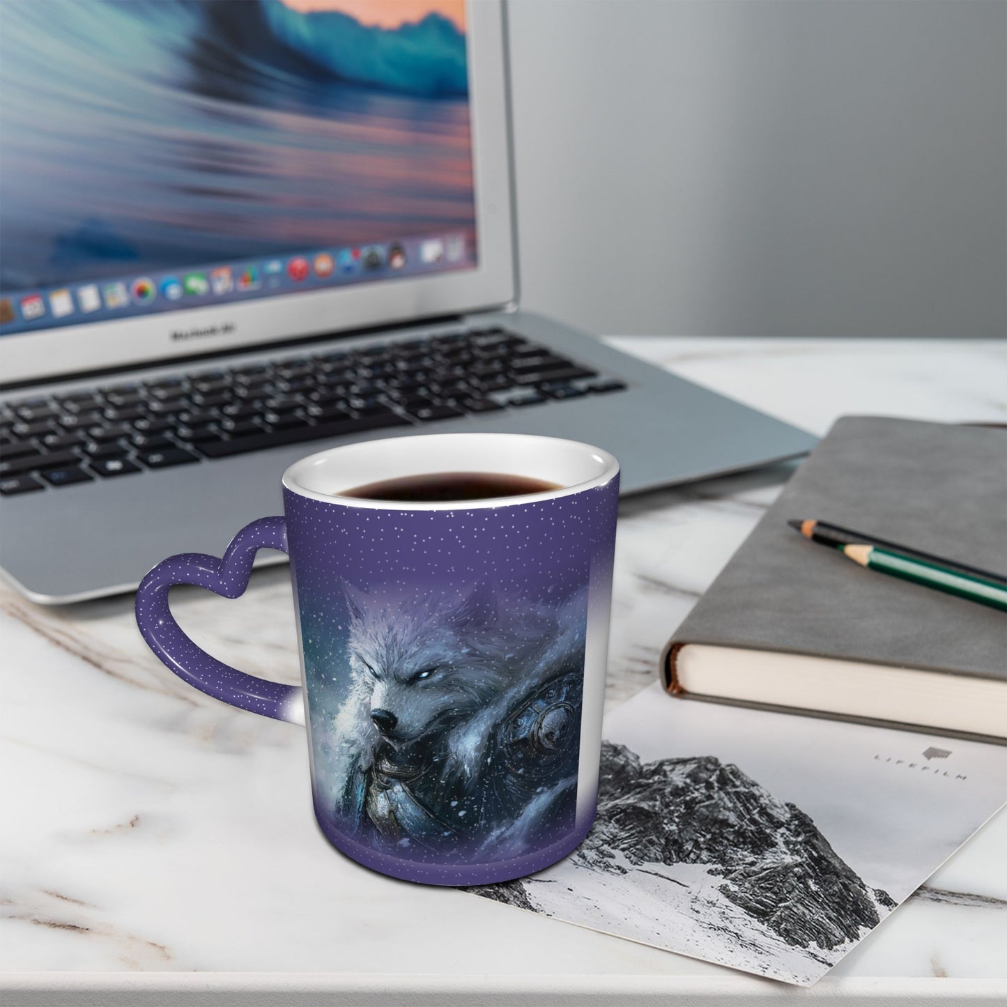 White Wolf Color Changing Ceramic Mug – Heart Handle Fantasy Heat Sensitive Cup