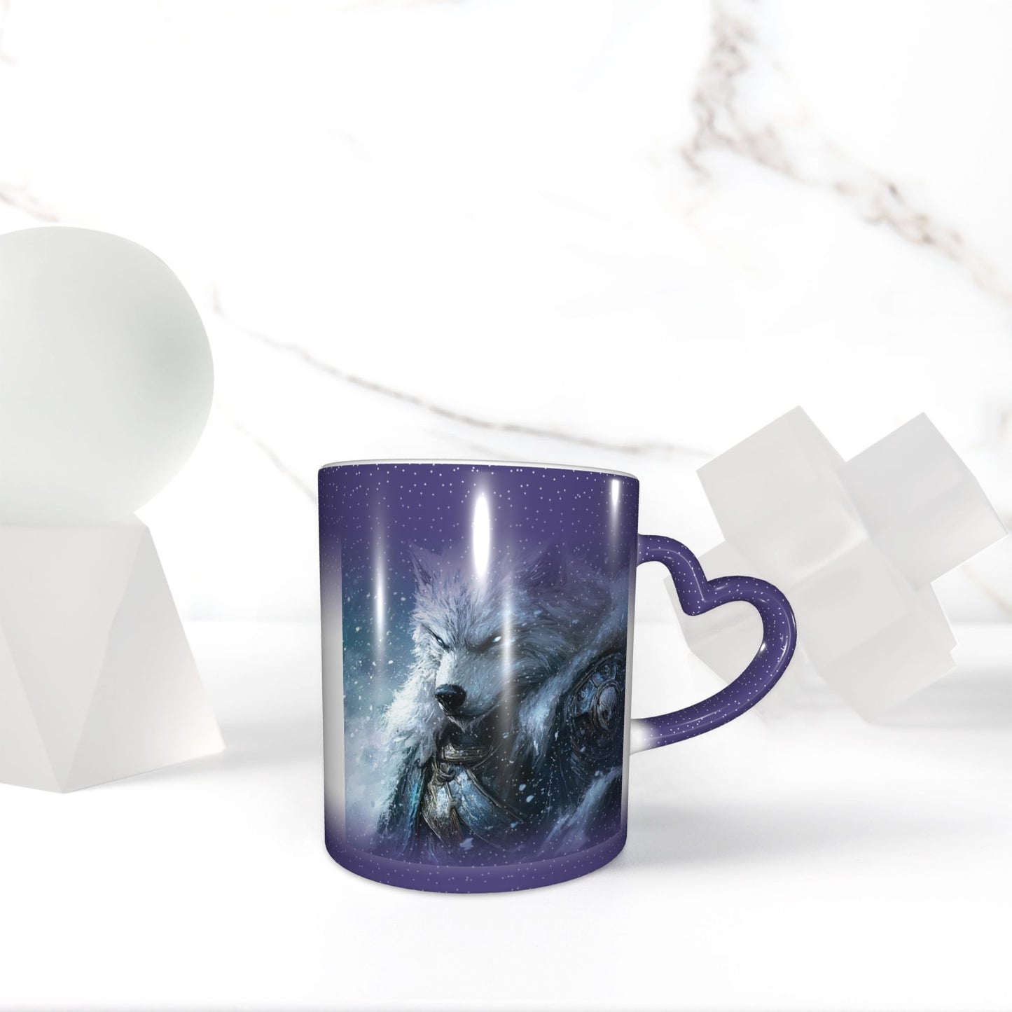 White Wolf Color Changing Ceramic Mug – Heart Handle Fantasy Heat Sensitive Cup