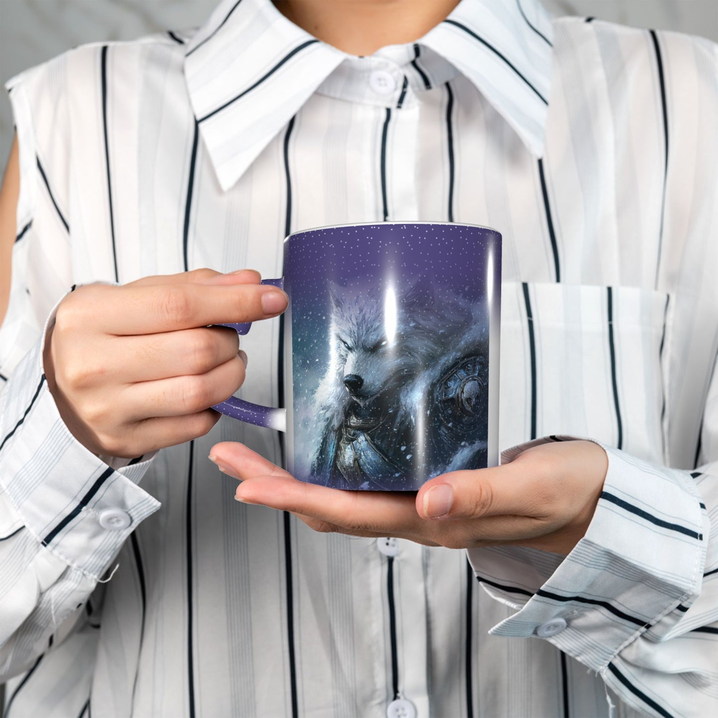 White Wolf Color Changing Ceramic Mug – Heart Handle Fantasy Heat Sensitive Cup