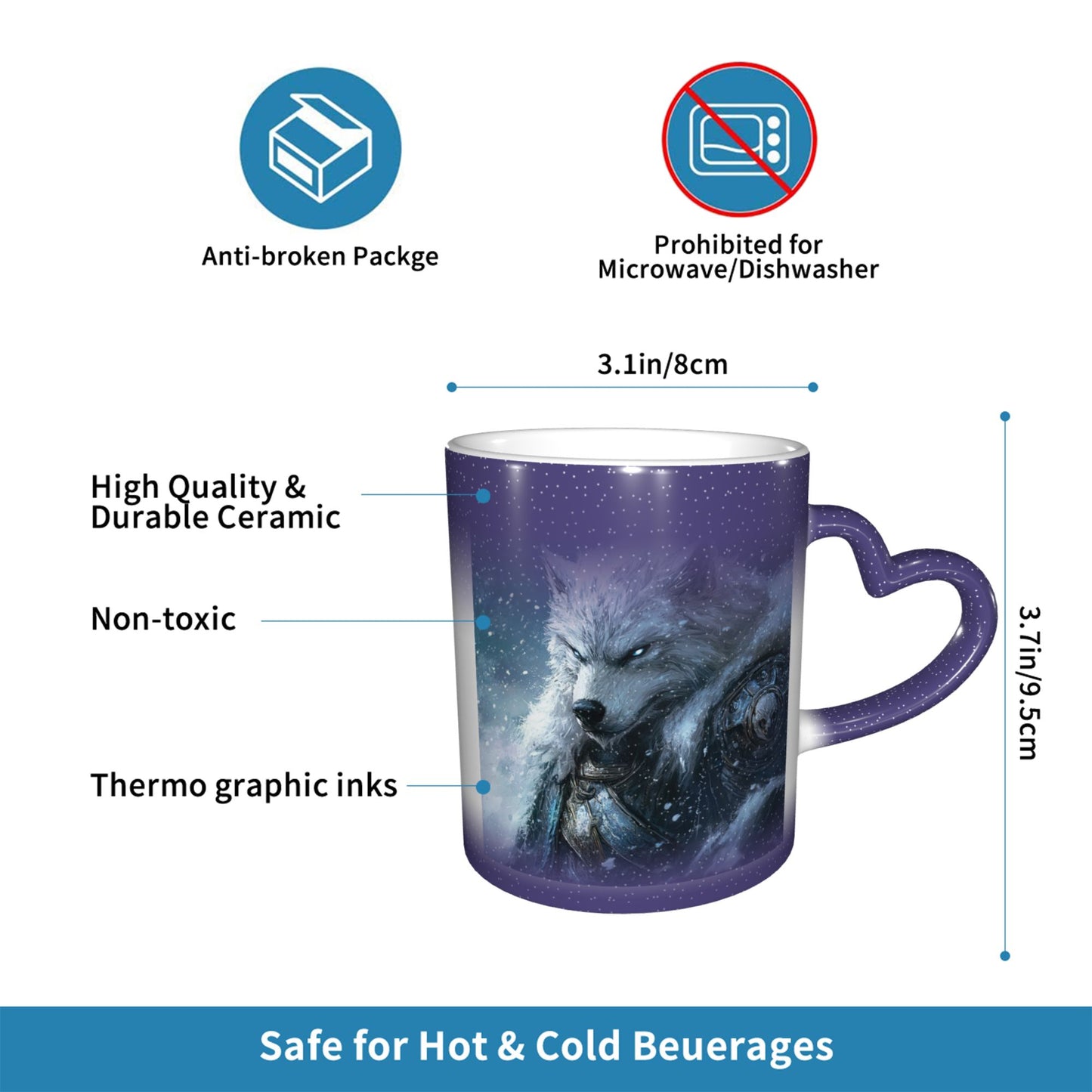 White Wolf Color Changing Ceramic Mug – Heart Handle Fantasy Heat Sensitive Cup