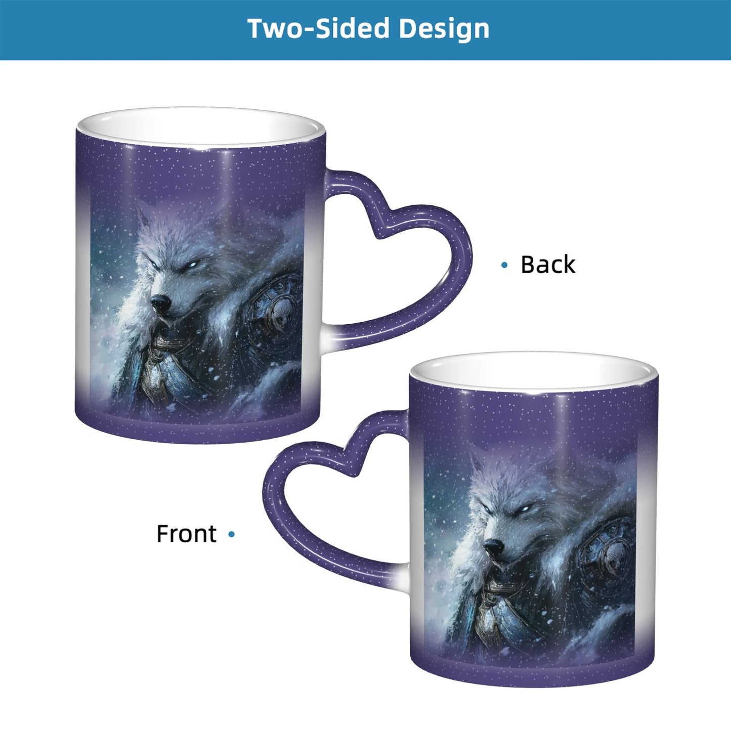 White Wolf Color Changing Ceramic Mug – Heart Handle Fantasy Heat Sensitive Cup