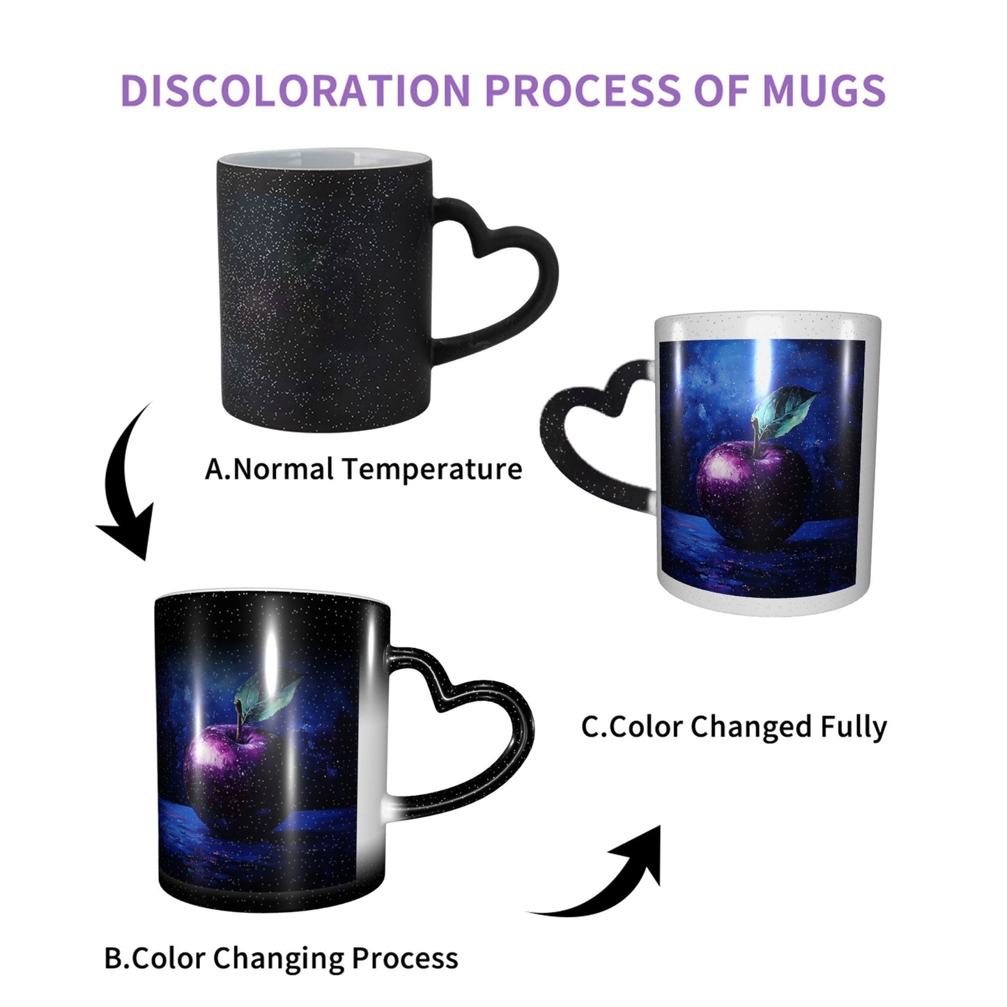 Purple Galaxy Apple Color Changing Mug – Heart Handle Heat Sensitive Ceramic Cup