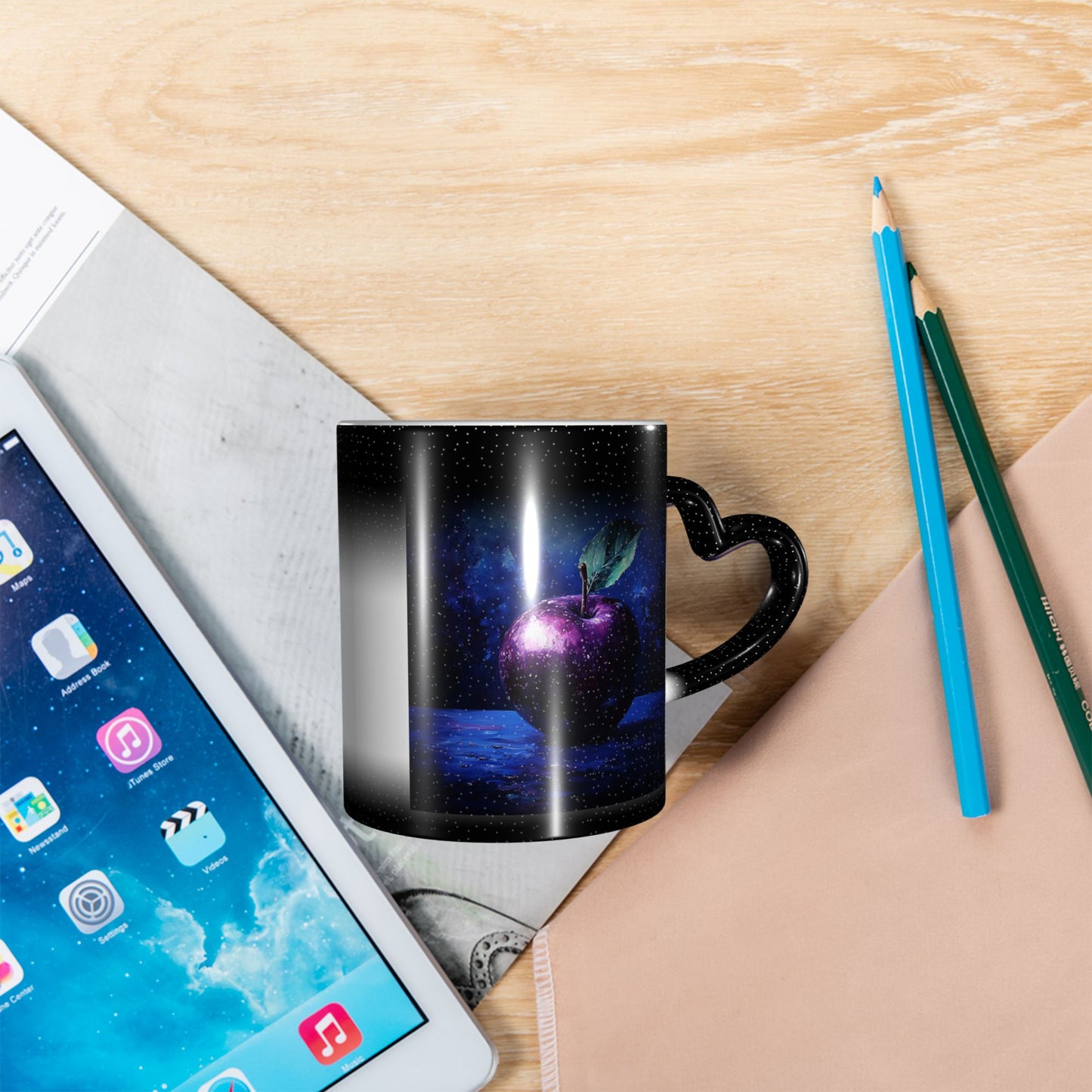 Purple Galaxy Apple Color Changing Mug – Heart Handle Heat Sensitive Ceramic Cup