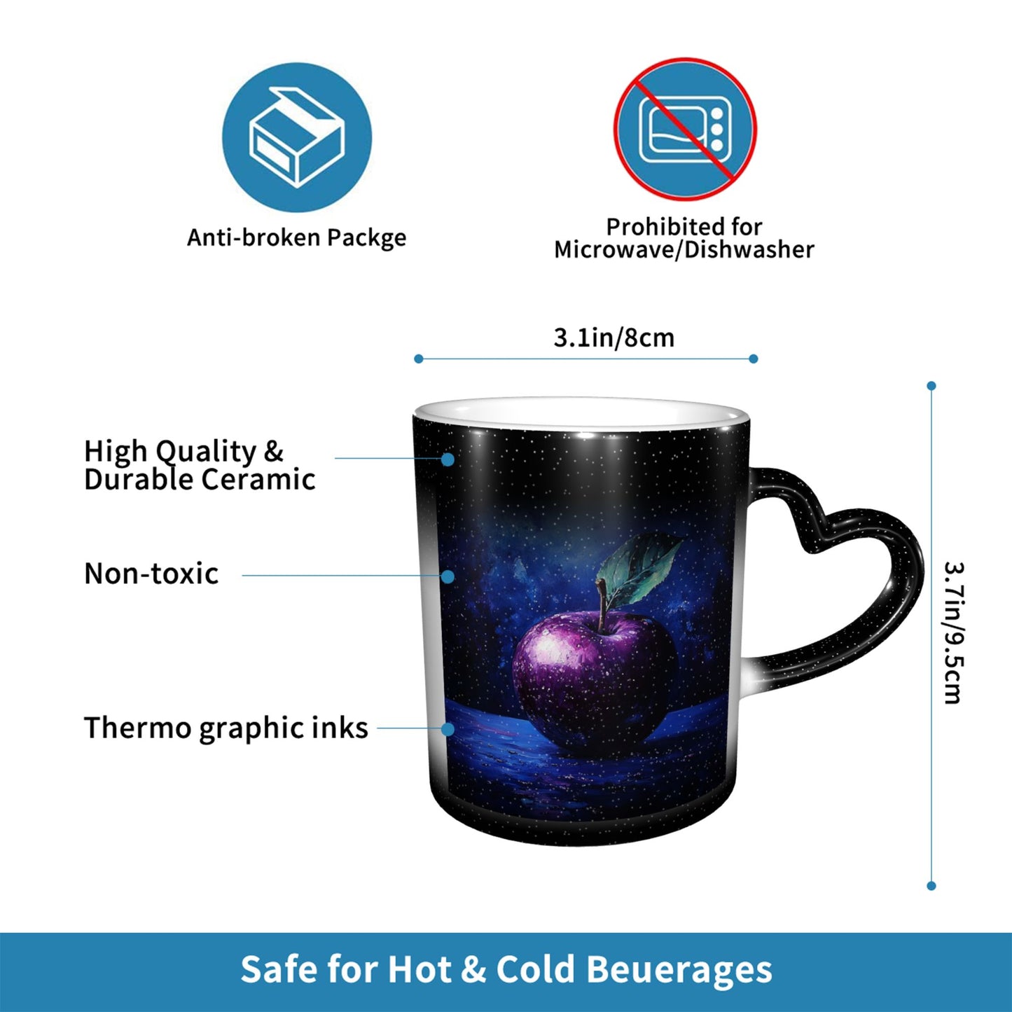 Purple Galaxy Apple Color Changing Mug – Heart Handle Heat Sensitive Ceramic Cup