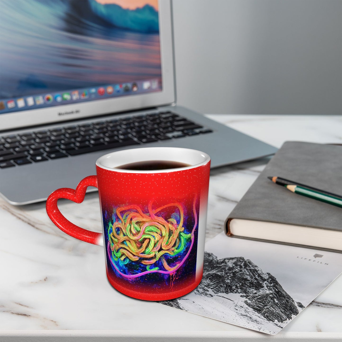 Colorful Abstract Tangle Design Mug – Heart Handle Heat Sensitive Ceramic Cup